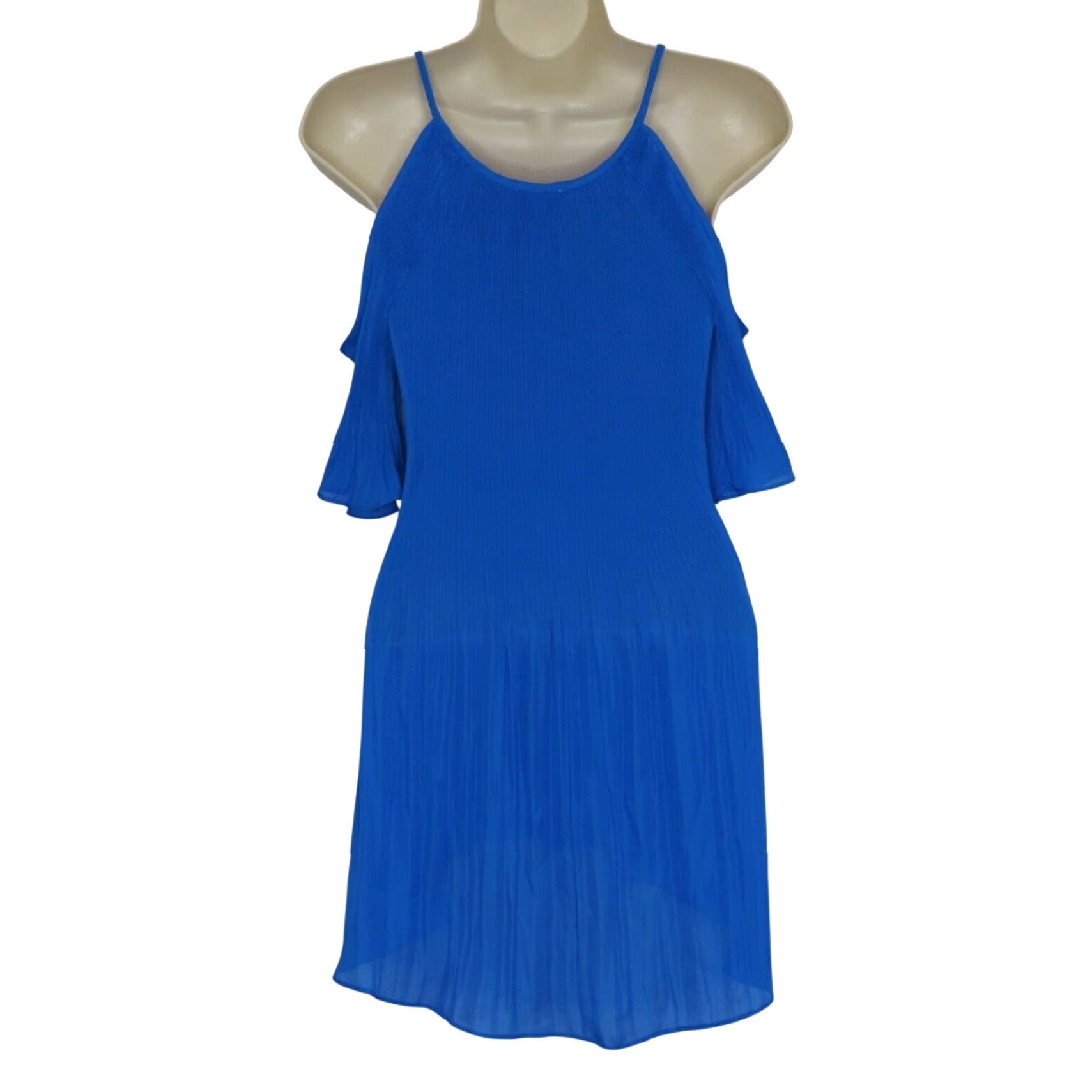 Vintage Spense Womens Medium Solid Blue Pleated Cold Shoulder Hi Low Blouse Shirt Work Size M / US 6-8 / IT 42-44 - 5 Thumbnail