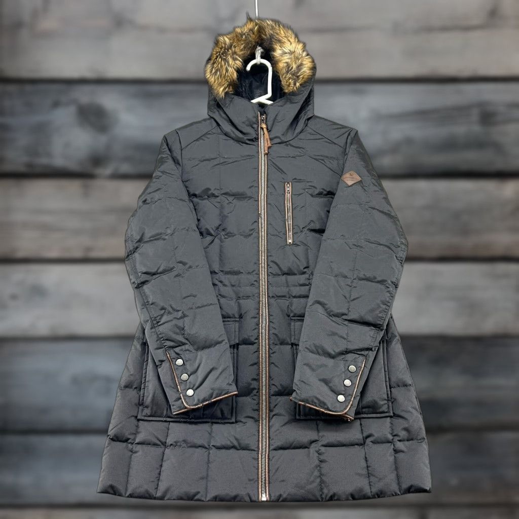 Eddie Bauer Parka Jacket Women S Black Long Hooded Down Fur Logo Puffer Casual Outdoor Long Sleeve Zip