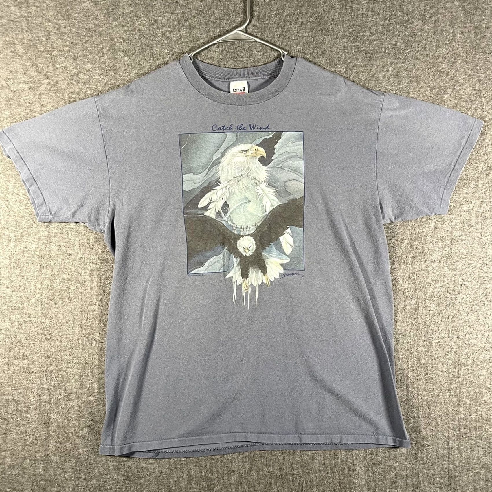 Anvil VINTAGE Anvil Shirt Mens XL Blue Catch The Wind Bald Eagle Graphic Tee 90s Y2K Size US XL / EU 56 / 4 - 2 Thumbnail