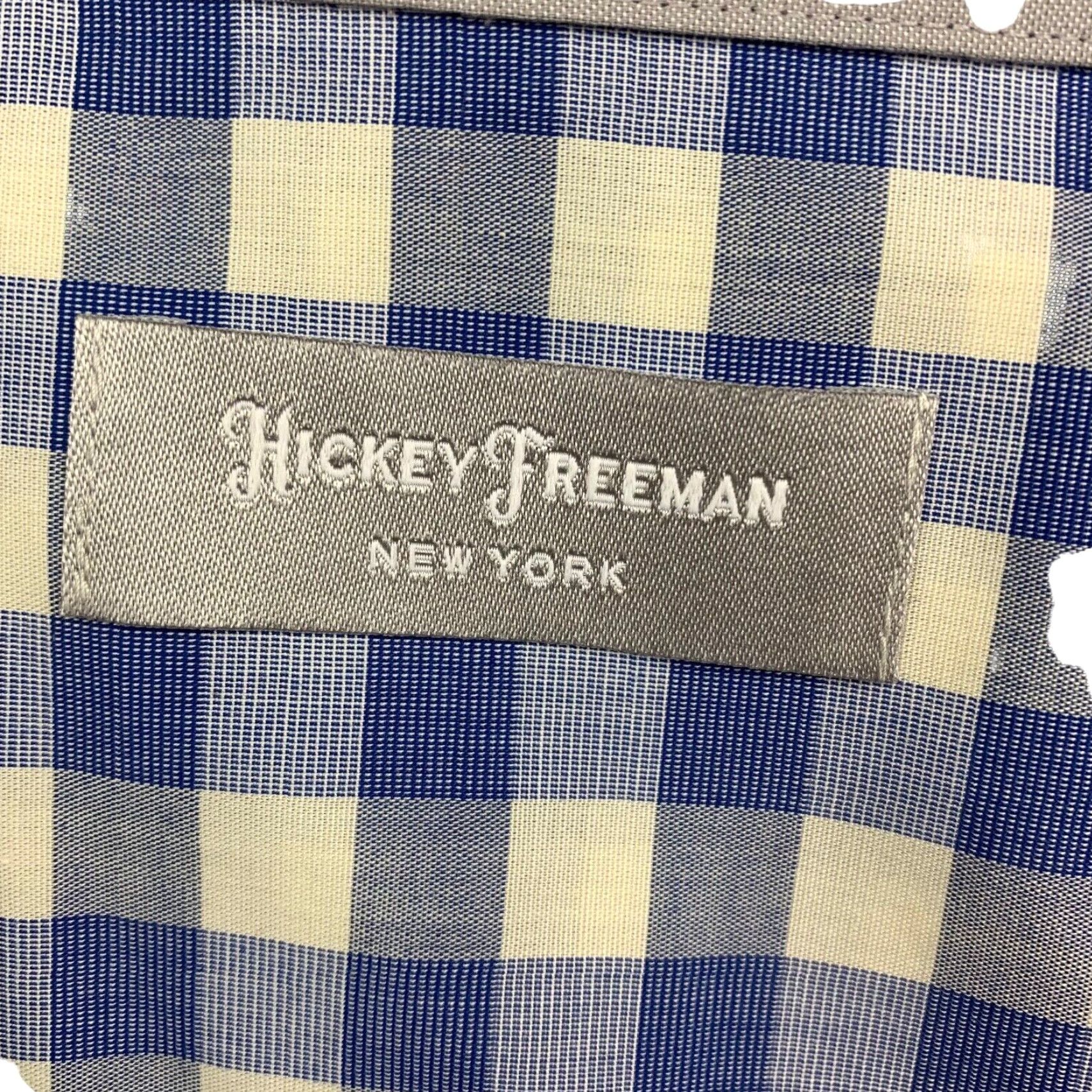 Hickey Freeman Cotton Stretch Button Shirt Blue White Gingham Check Long Sleeve Large Mens