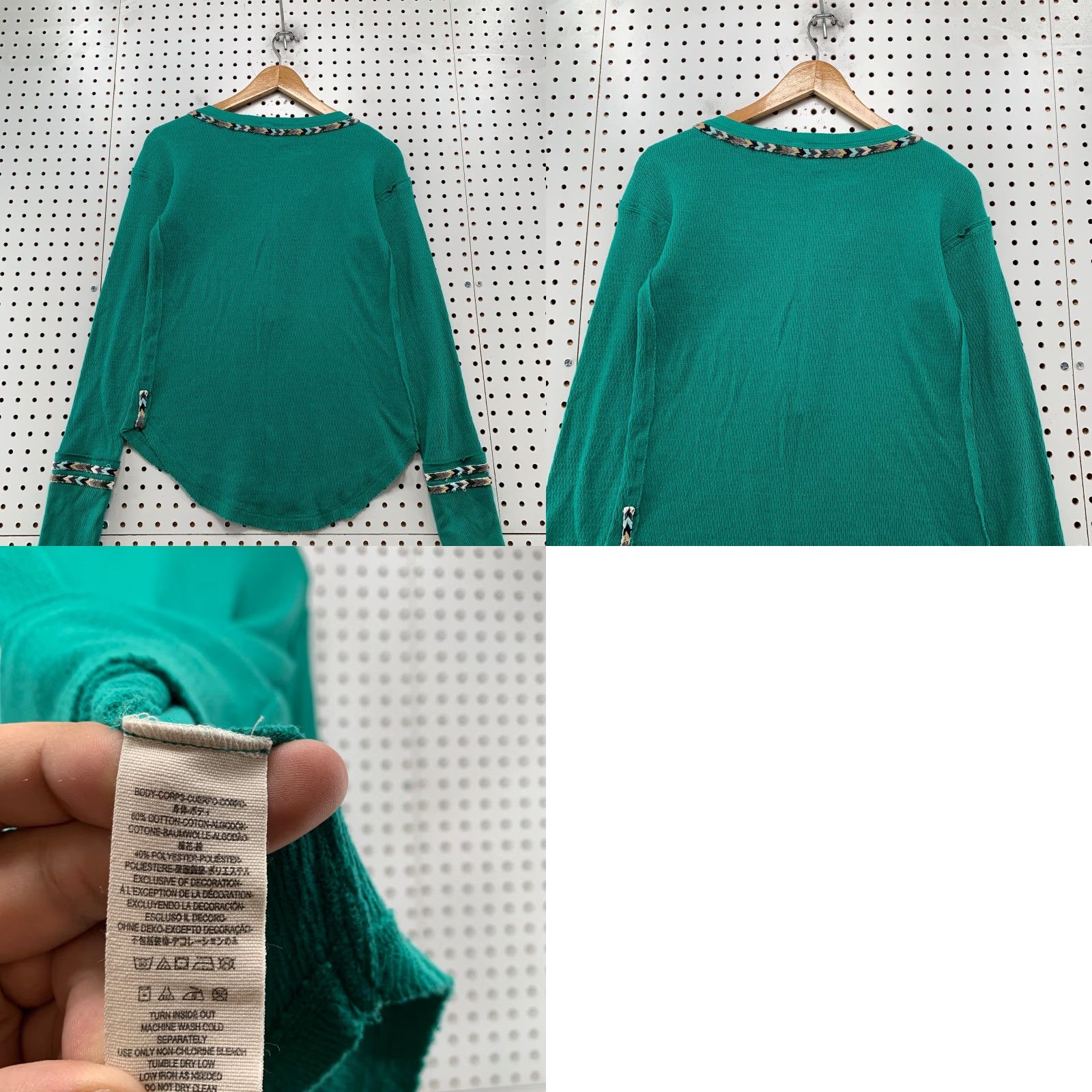 Free People Free People We The Free Henley Thermal Top Womens Small Green Knit Embroidered Boho Shirt Size S / US 4 / IT 40 - 9 Thumbnail