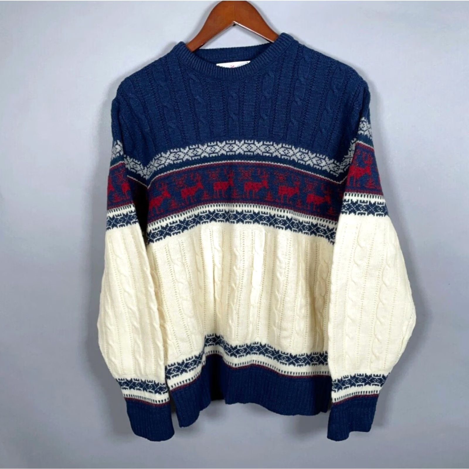 Jantzen VINTAGE 60s Jantzen Reindeer Cable Knit Sweater Men's Medium Winter Ivory Blue Retro Ski Size US M / EU 48-50 / 2 - 2 Thumbnail