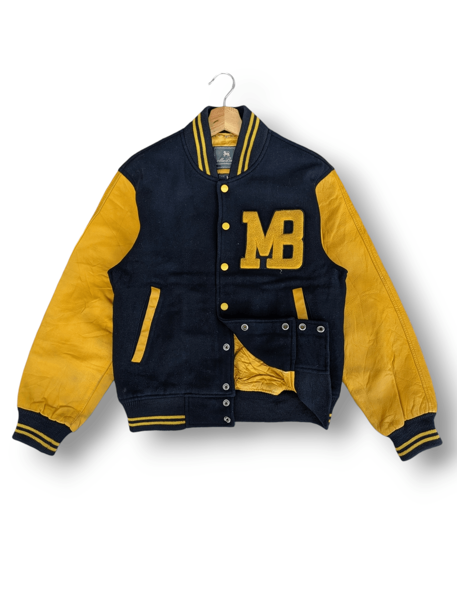image of Vintage Mac Beth Leather Sleeve Varsity Jacket in Black, Men's (Size Medium)