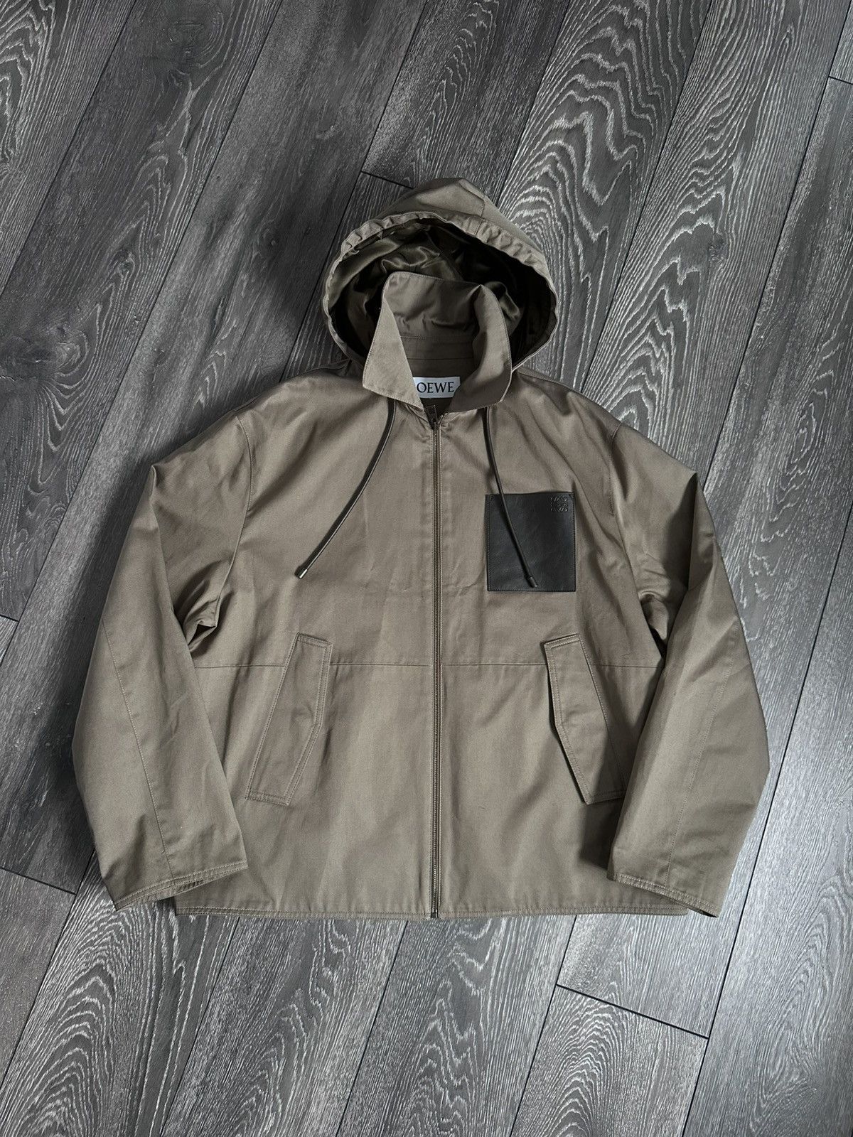 loewe leather patch windbreaker jacket khaki green