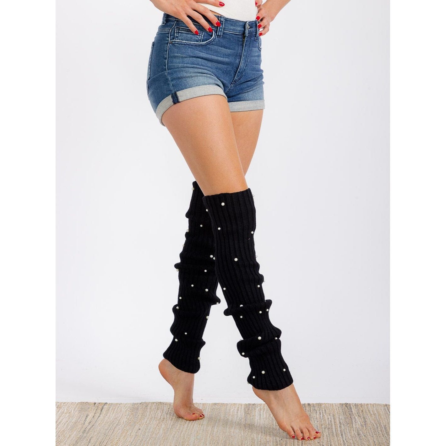 Other Women’s Black Pearl Embellished Ribbed Knit Leg Warmers One Size ONE SIZE - 1 Thumbnail