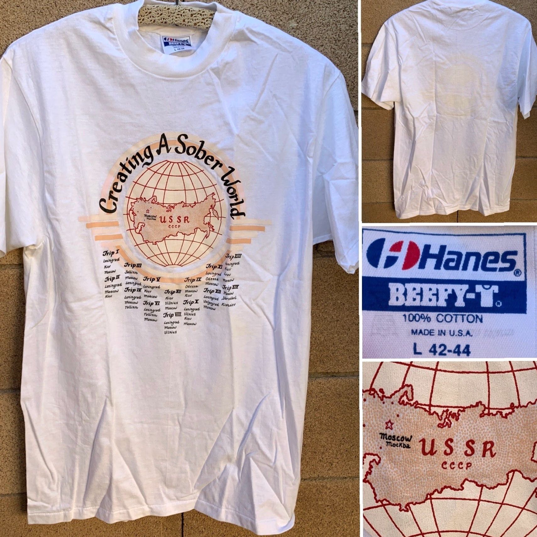 Hanes VINTAGE Creating A Sober World USSR CCCP T Shirt Single Stitch L Men White Cotton Hanes Beefy-T Size US L / EU 52-54 / 3 - 7 Thumbnail