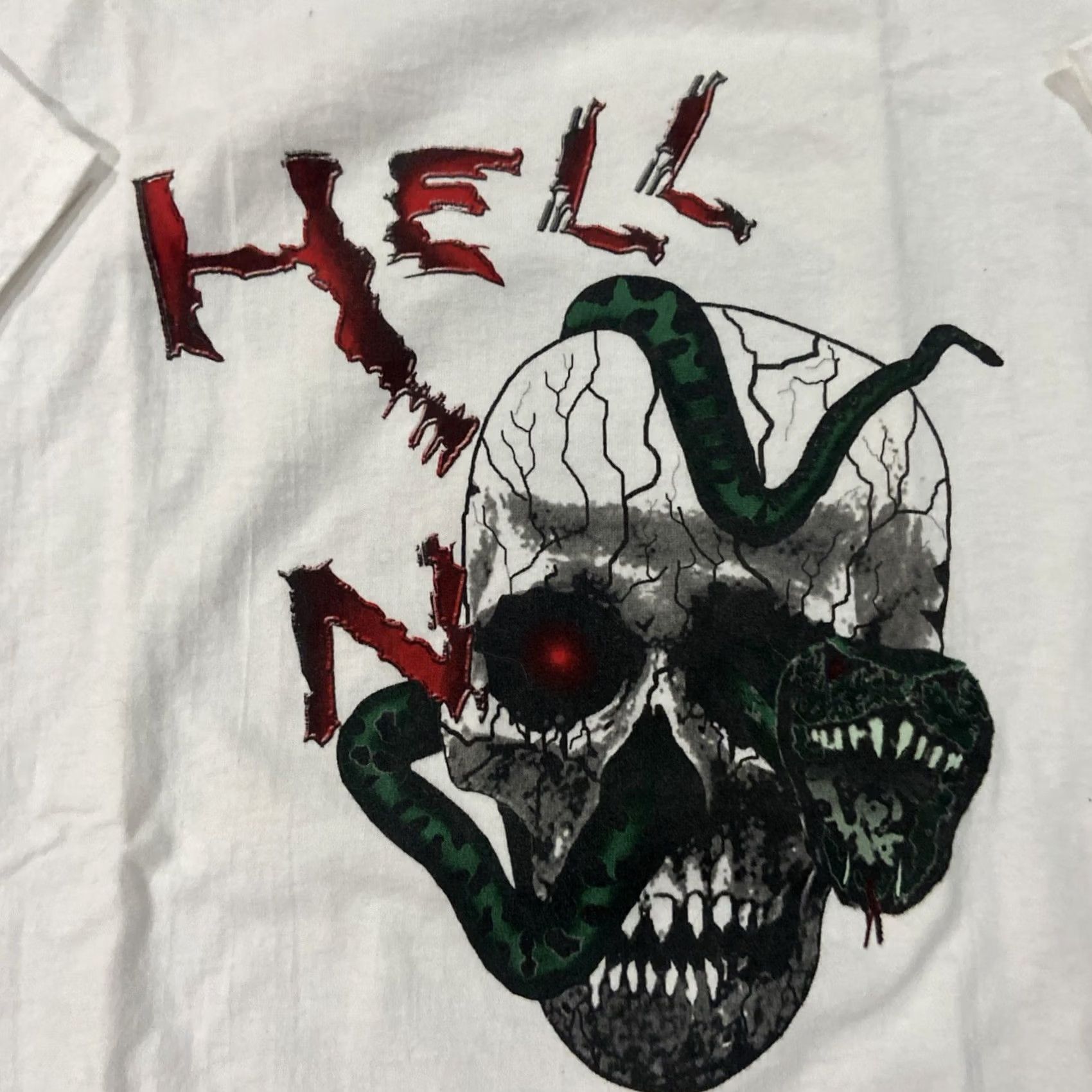 Hanes VINTAGE Hell no Heaven yes Shirt Christian Jesus 2XL Cross Skull Unisex Adults T-Shirt White Short Sleeve Cotton Blend Hanes Men Women Mens Womens Size US XXL / EU 58 / 5 - 3 Thumbnail