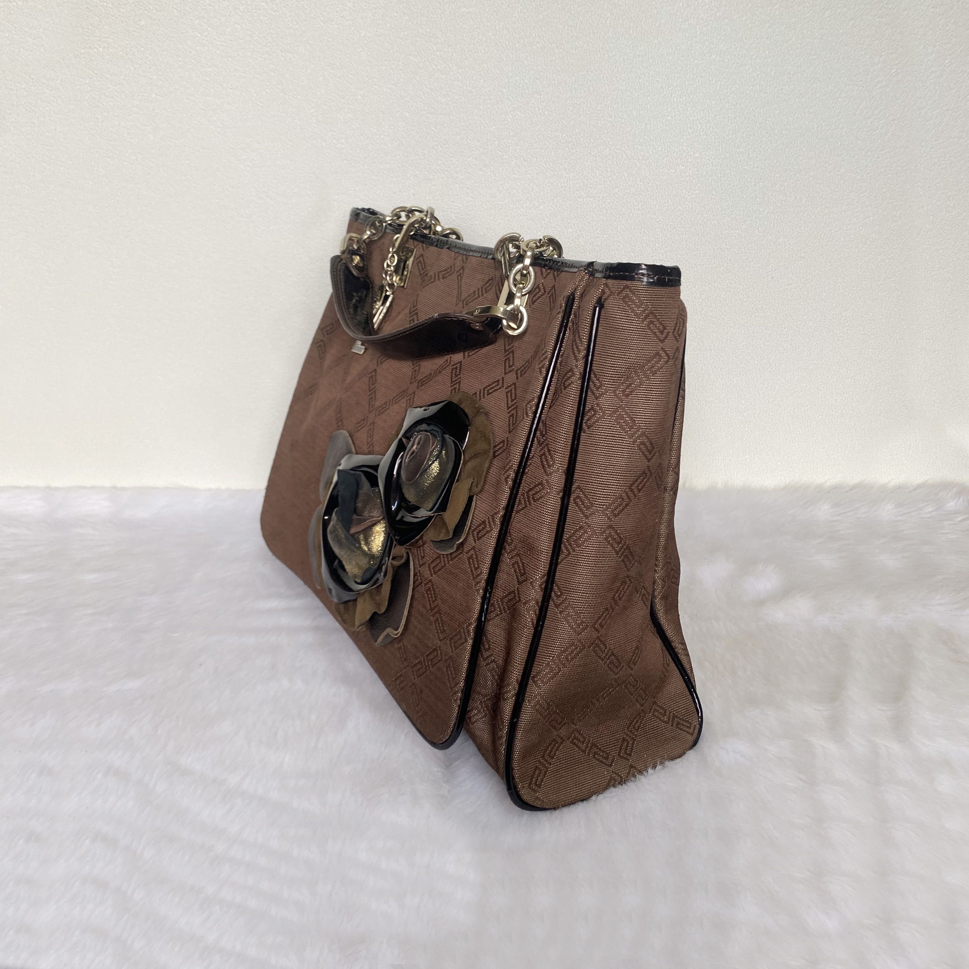Versace Vintage Brown Black Greco Monogrammed Flower Applique Bag Size ONE SIZE - 3 Thumbnail