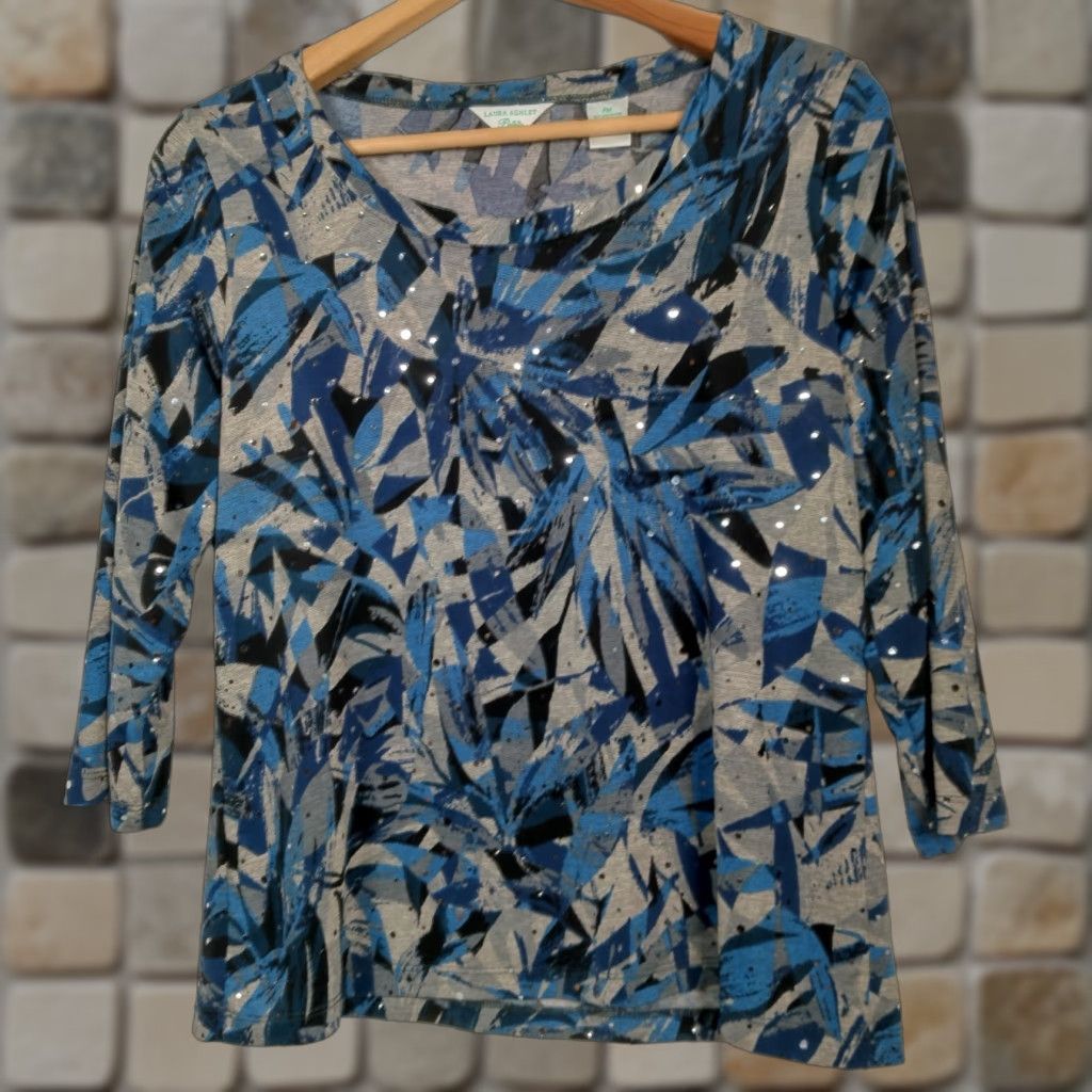 Laura Ashley Laura Ashley Shirt PM Blue Gray Abstract Sequin Stretch 3/4 Sleeve Womens Petite Top Size M / US 6-8 / IT 42-44 - 1 Thumbnail