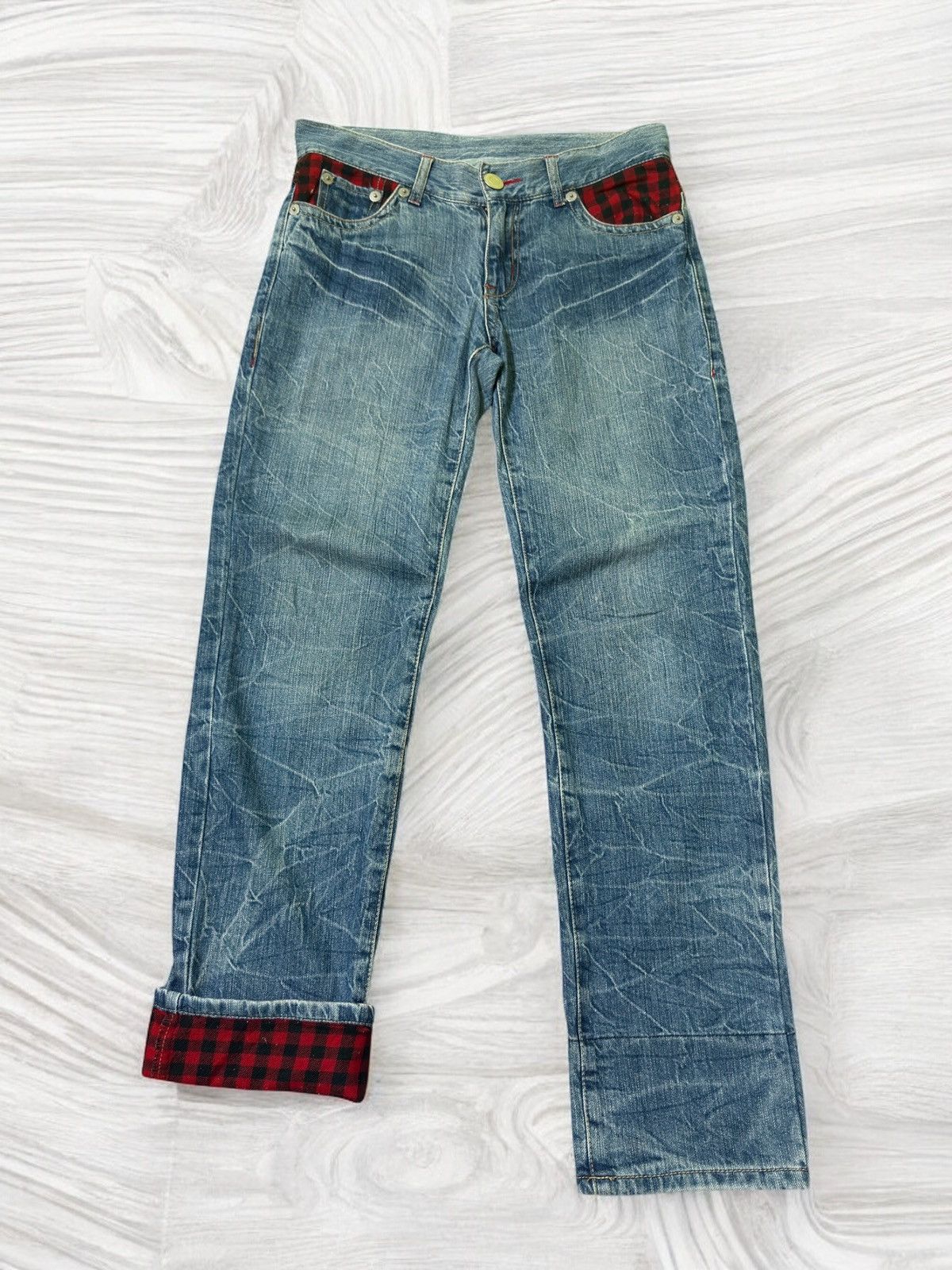 Japanese Brand Distressed Plaid Tartans Junya Watanabe Denim Jeans Size US 31 - 1 Thumbnail