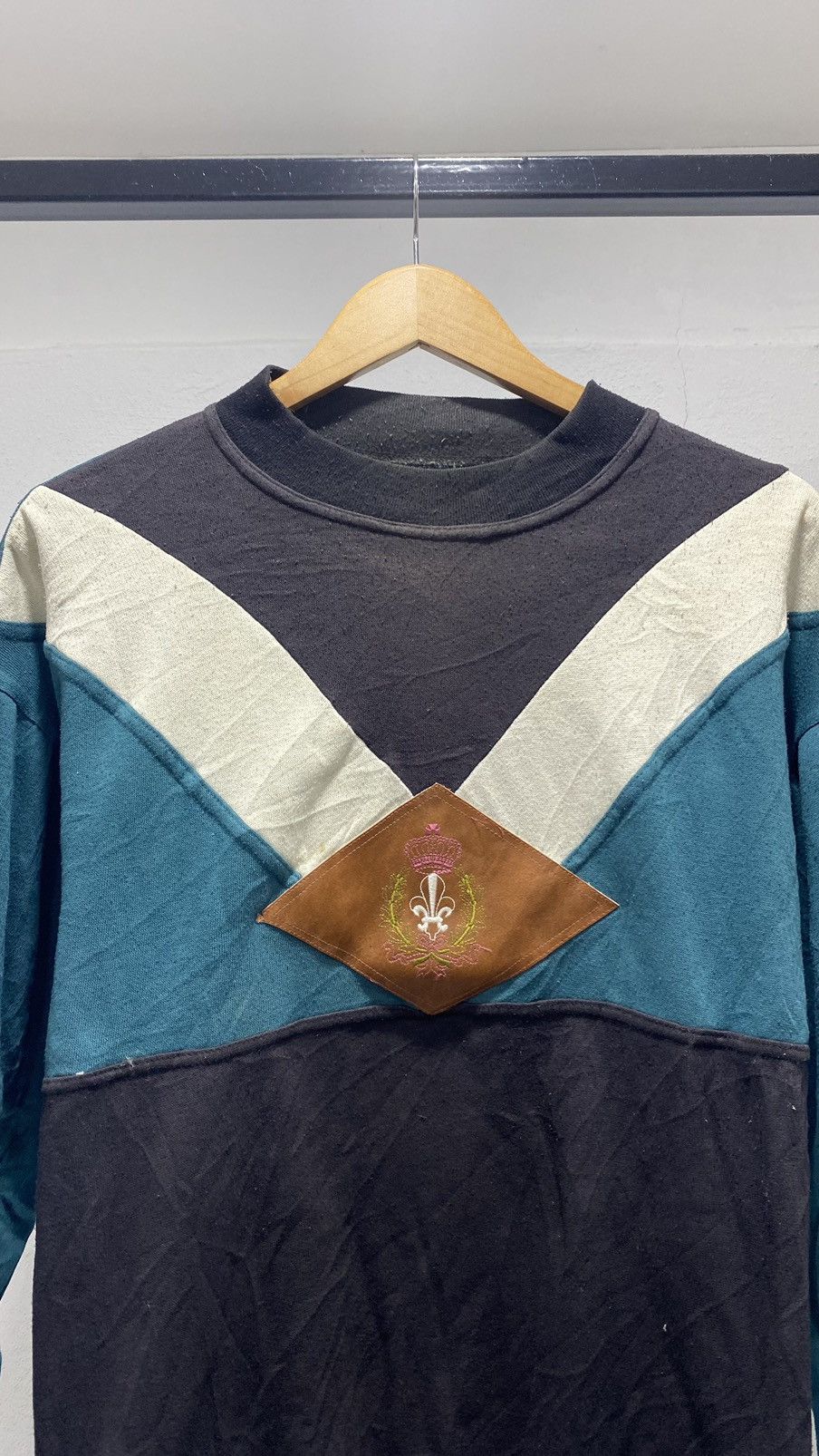 image of Vintage College Blue Leather Sweater 80's in Green, Men's (Size Large)