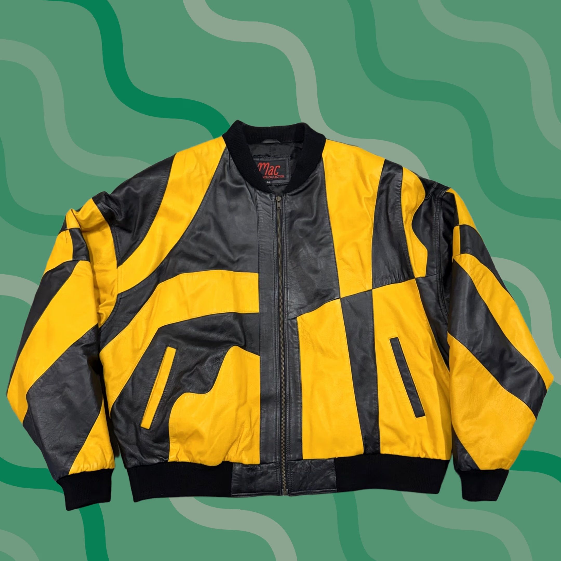 Vintage VINTAGE Mac Jacket Mens 46 Yellow Black Leather Bomber Full Zip 80s 90s Retro Geometric Pattern Zip Pockets Lined Short Jacket Mens Size US S / EU 44-46 / 1 - 1 Thumbnail