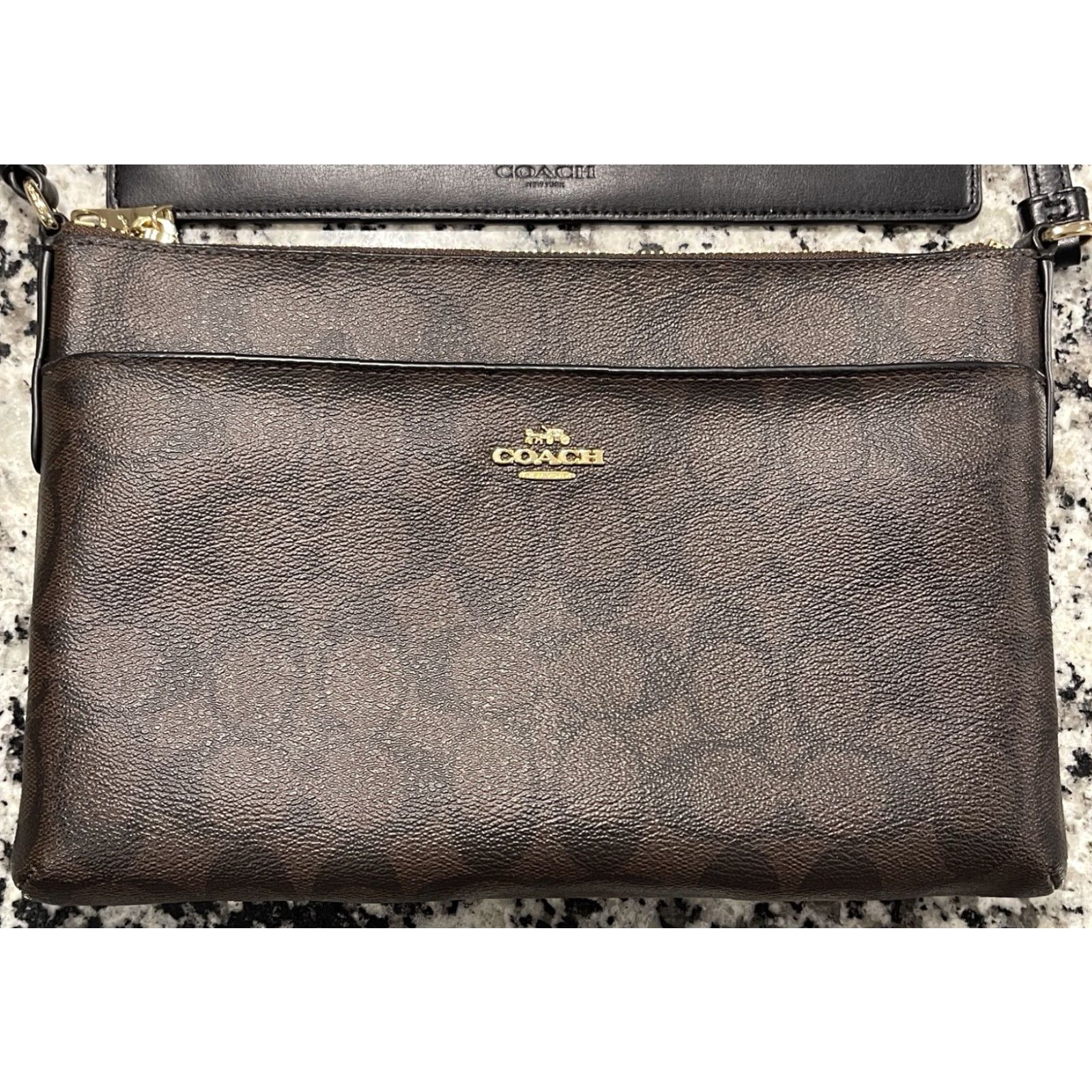 Coach VINTAGE Coach Signature Canvas East/West Pop Crossbody Brown Black Leather Trim Crossbody Women Adult One Size Black Gold-Pla ted Hardware Pouch (EUC) Size ONE SIZE - 2 Thumbnail