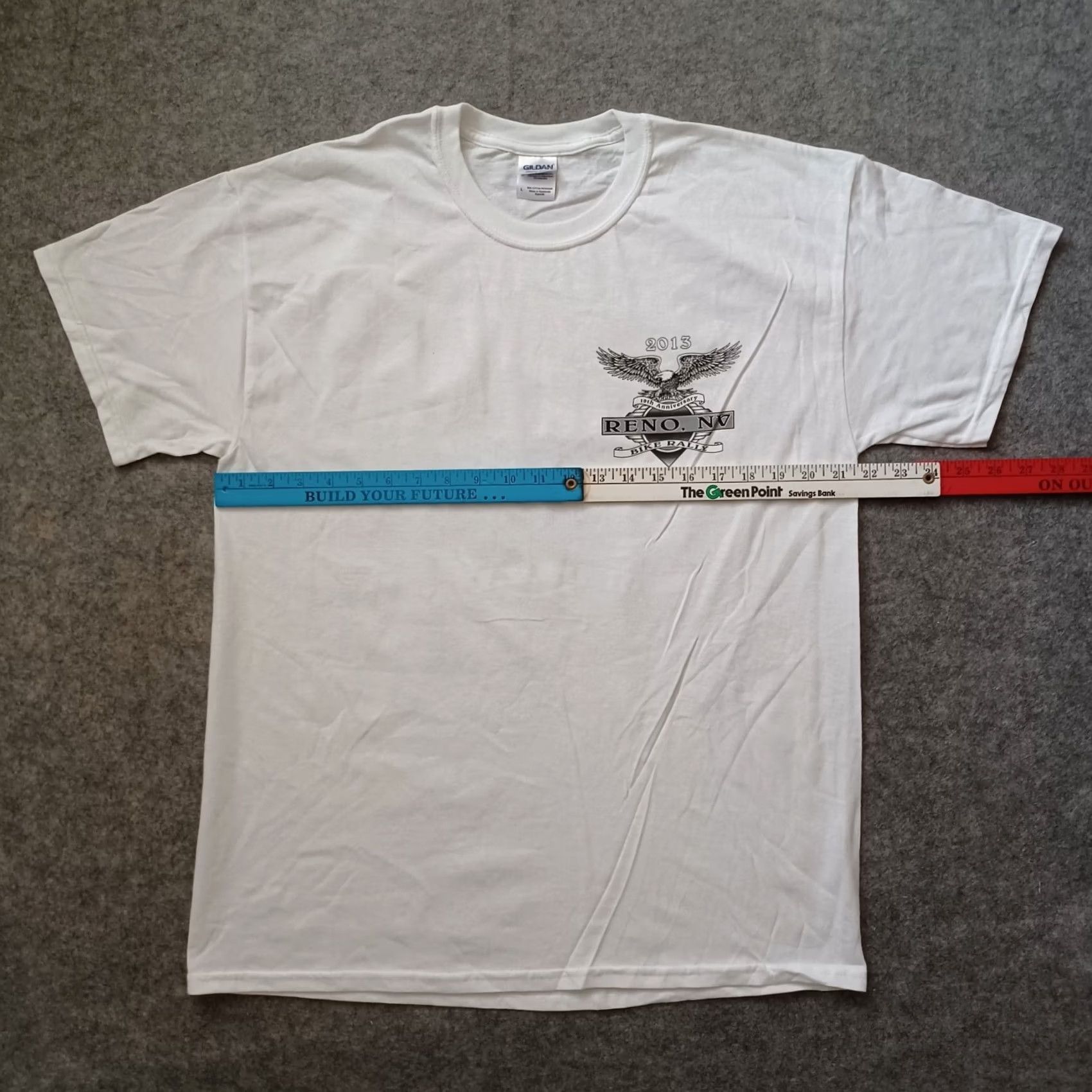 Gildan Reno NV Bike Rally Mens Shirt L White 19th Anniversary Double Side Graphic 2013 Size US L / EU 52-54 / 3 - 5 Thumbnail