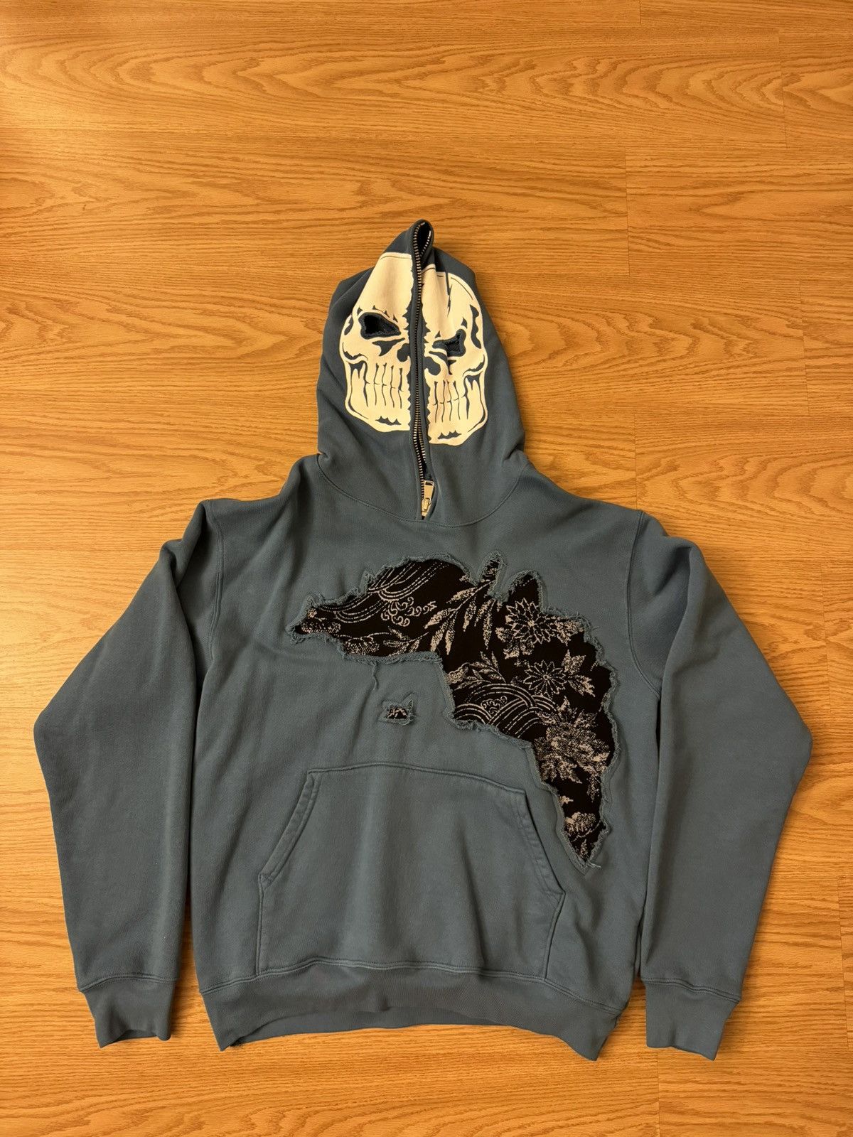 Warren Lotas Indigo Skull Zip Distressed Hoodie