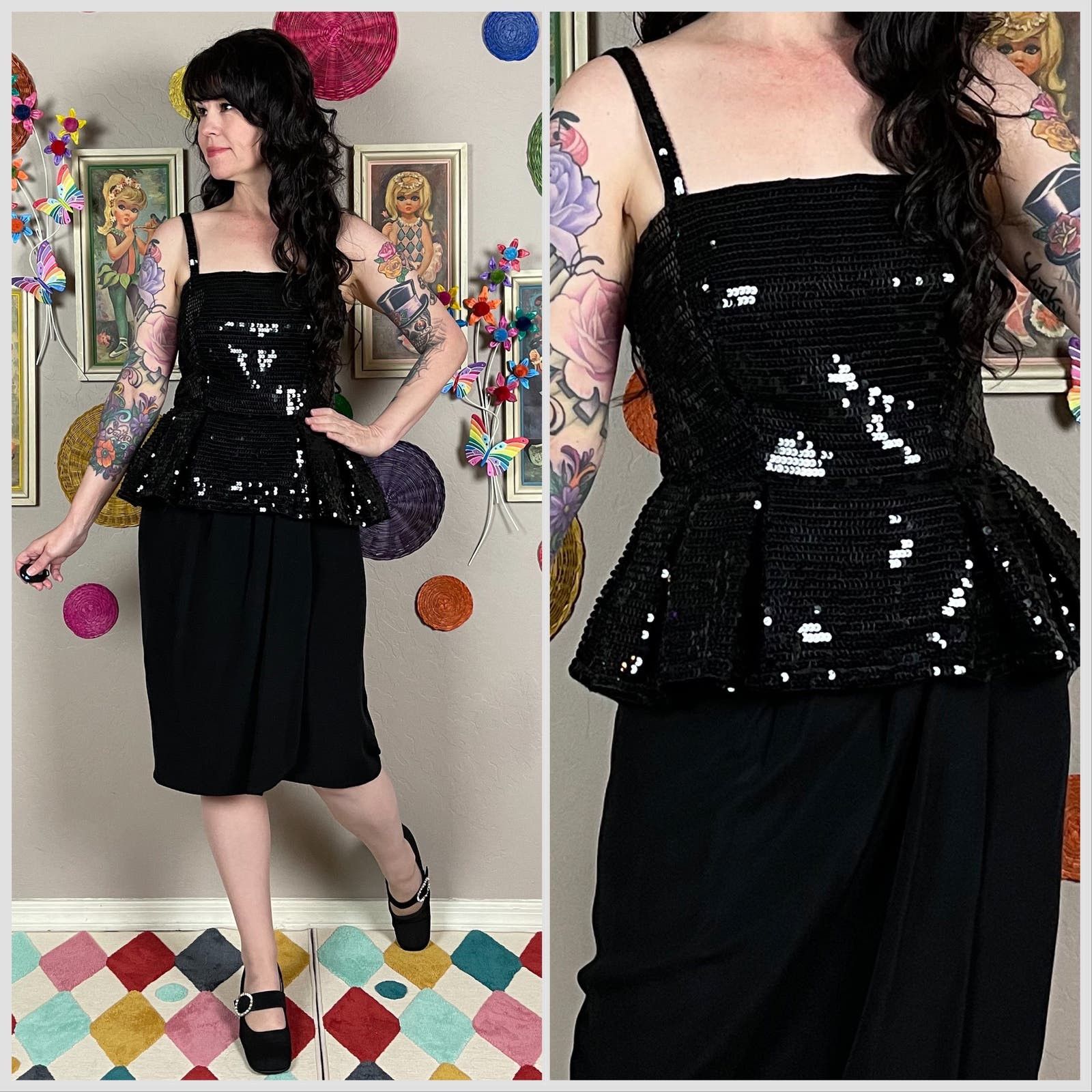 image of Vintage 1980S Sleeveless Black Sequins Peplum Cocktail Dress, Women's (Size Medium)