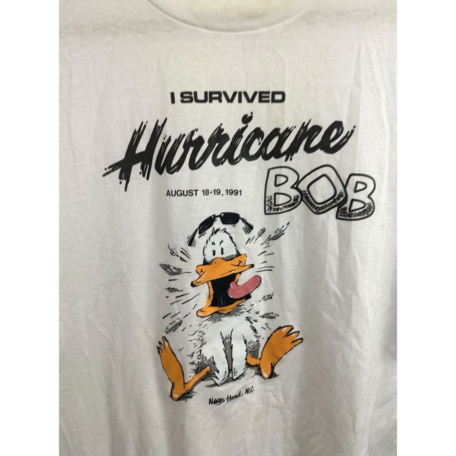 Vintage VTG 90s I Survived Hurricane Bob Paper Thin Weather Funny Duck T-Shirt XXL White Mens Shirt Size US XXL / EU 58 / 5 - 4 Thumbnail