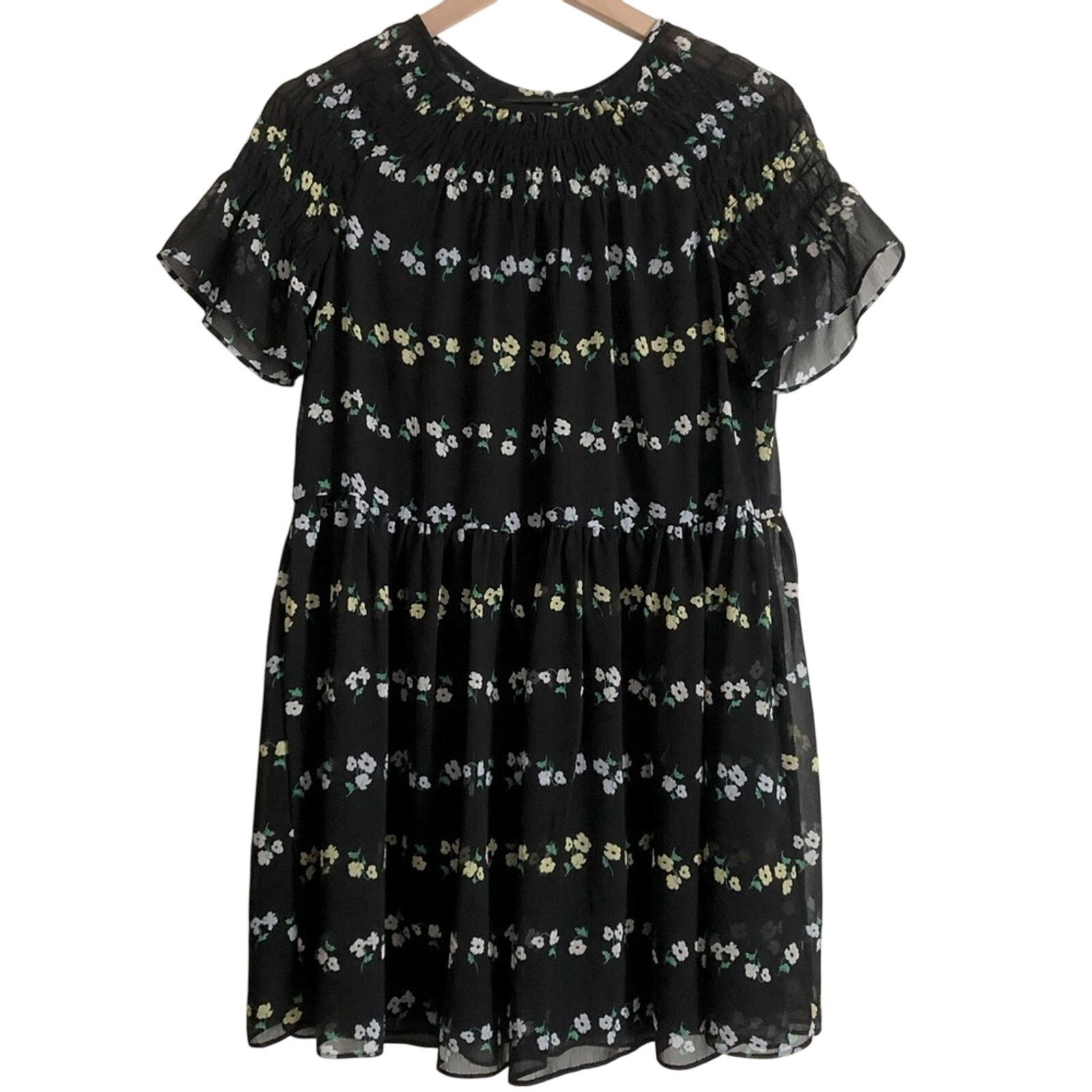 Ann Taylor Ann Taylor Black Floral Short Bell Sleeves Mini Swing Dress Size S / US 4 / IT 40 - 1 Thumbnail