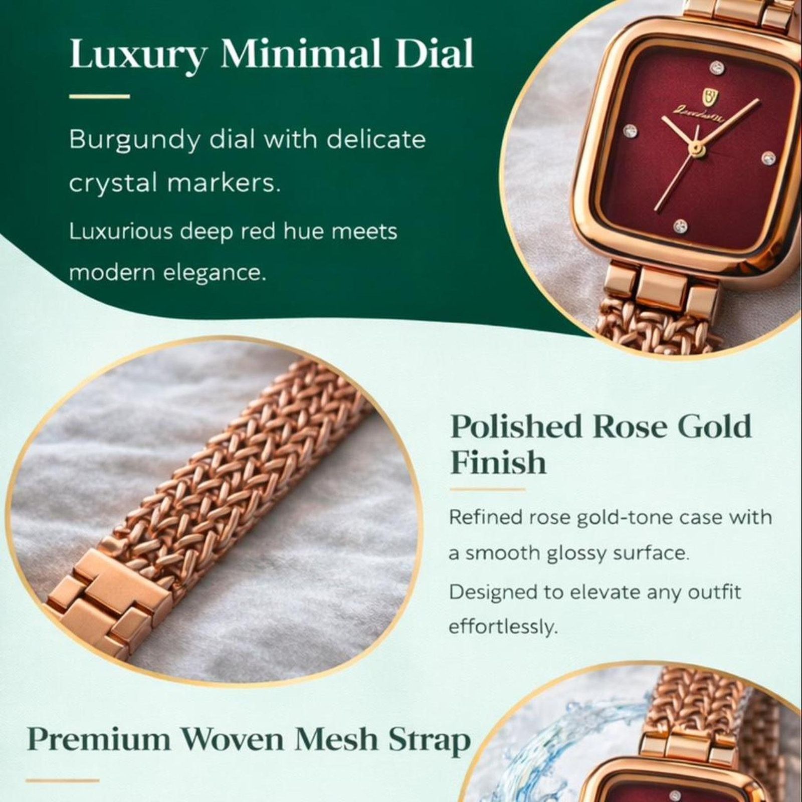 Other Gold Square Watch Red Dial Luxury Mesh Band Waterproof Size ONE SIZE - 4 Thumbnail