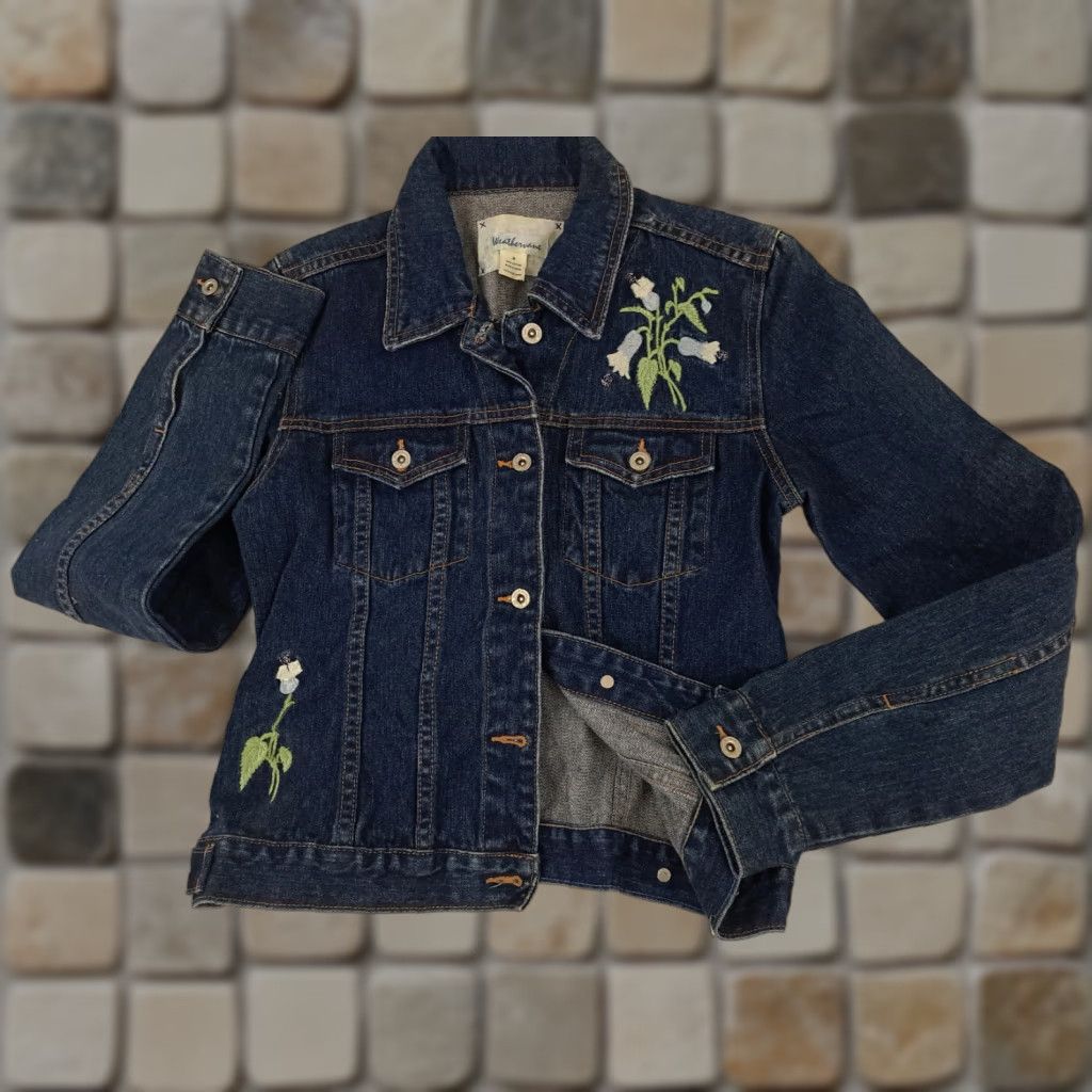 Vintage VINTAGE Weathervane Embroidered Flowers Blue Denim Jacket Bomber Jacket Women M Blue/Flower 22in Short Buttoned Pit to Pit 18in Size 32" / US 10 / IT 46 - 1 Thumbnail