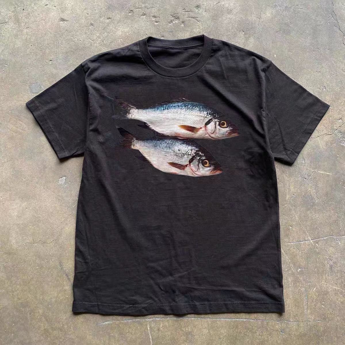 Vintage Black Vintage Cotton T-Shirt with Fish Print Size US M / EU 48-50 / 2 - 1 Thumbnail
