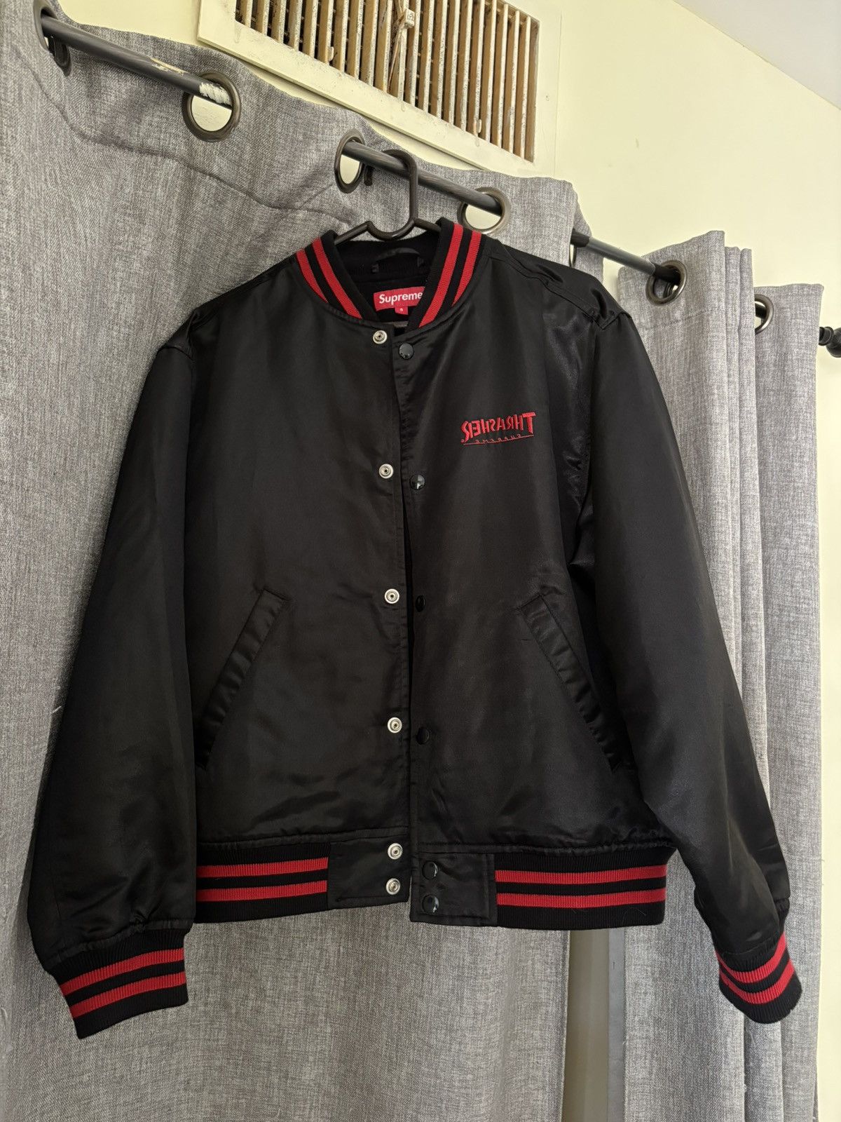 Supreme × Thrasher Supreme Thrasher satin varsity jacket size S Size US S / EU 44-46 / 1 - 2 Thumbnail