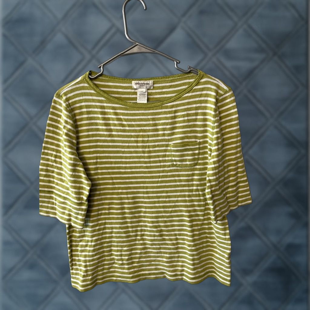 Jones New York Jones New York Green Striped Tee Shirt ~ Size L Women Casual Short Sleeve Pullover Round Neck V-Neck Pocket All Seasons Basic T-Shirt Size L / US 10 / IT 46 - 1 Thumbnail