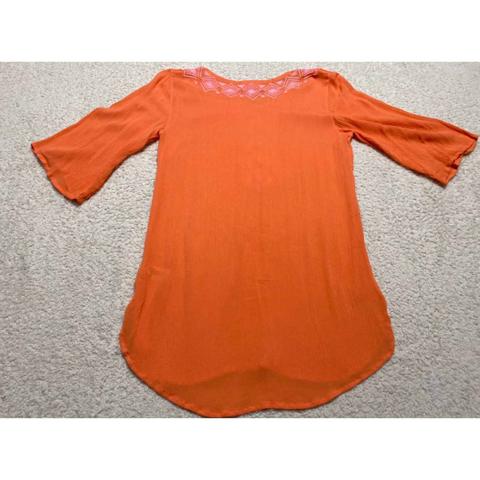 Lilly Pulitzer VINTAGE Lilly Pulitzer Womens XS Shirt 3/4 Sleeve Solid Orange V-Neck Rayon Embroidered Size XS / US 0-2 / IT 36-38 - 7 Thumbnail