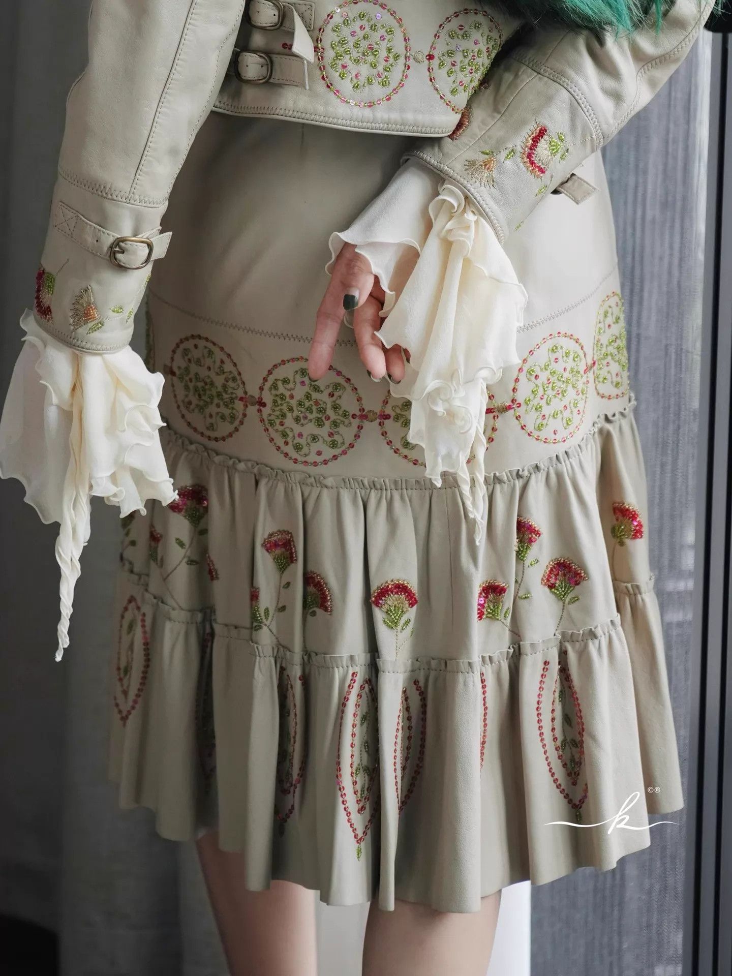 Vintage Vintage Women's Leather Embroidered Jacket & Skirt Set Size XS / US 0-2 / IT 36-38 - 6 Thumbnail
