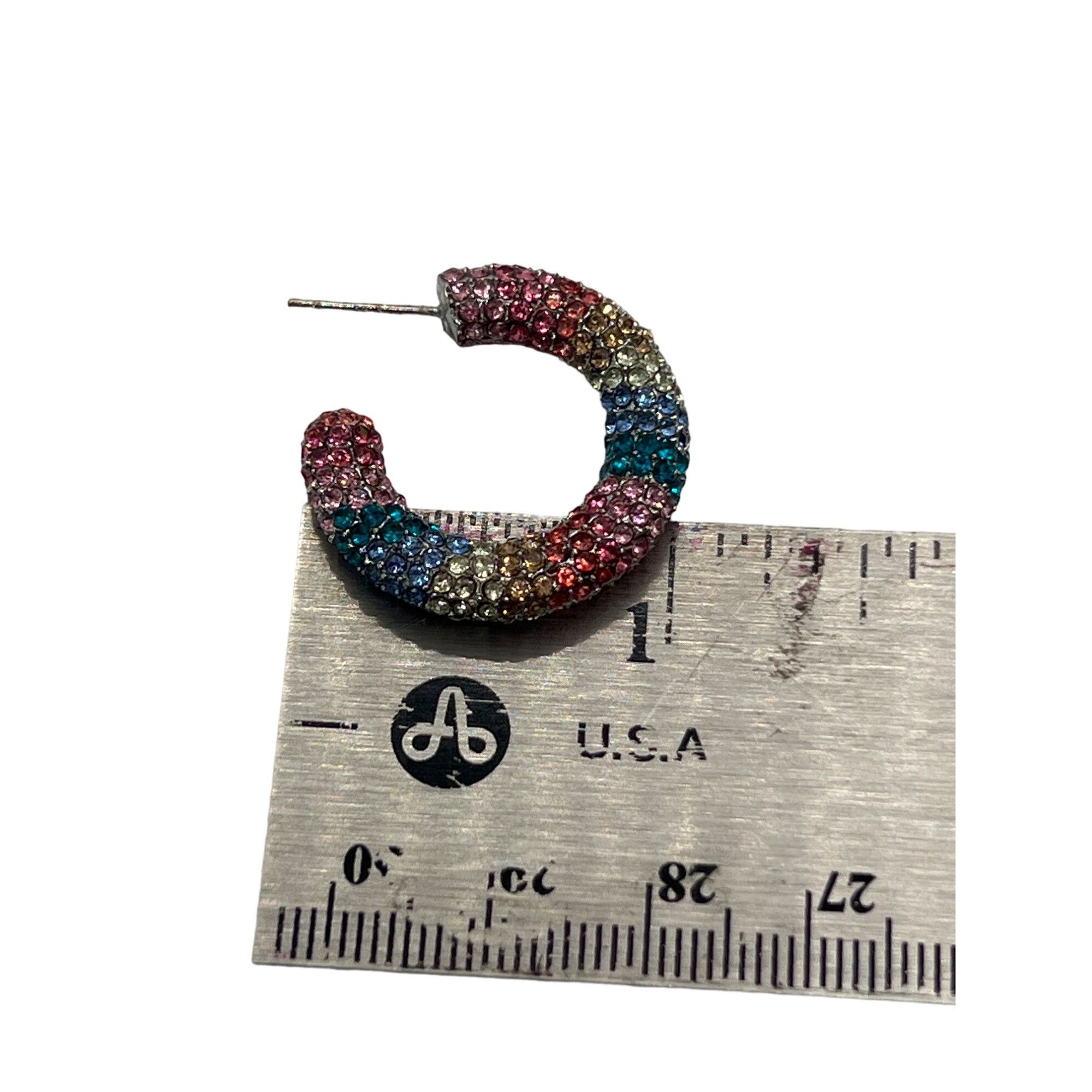 Other Sterling Silver Rainbow Pave Crystal Hoop Earrings 1" Pierce Size ONE SIZE - 4 Thumbnail