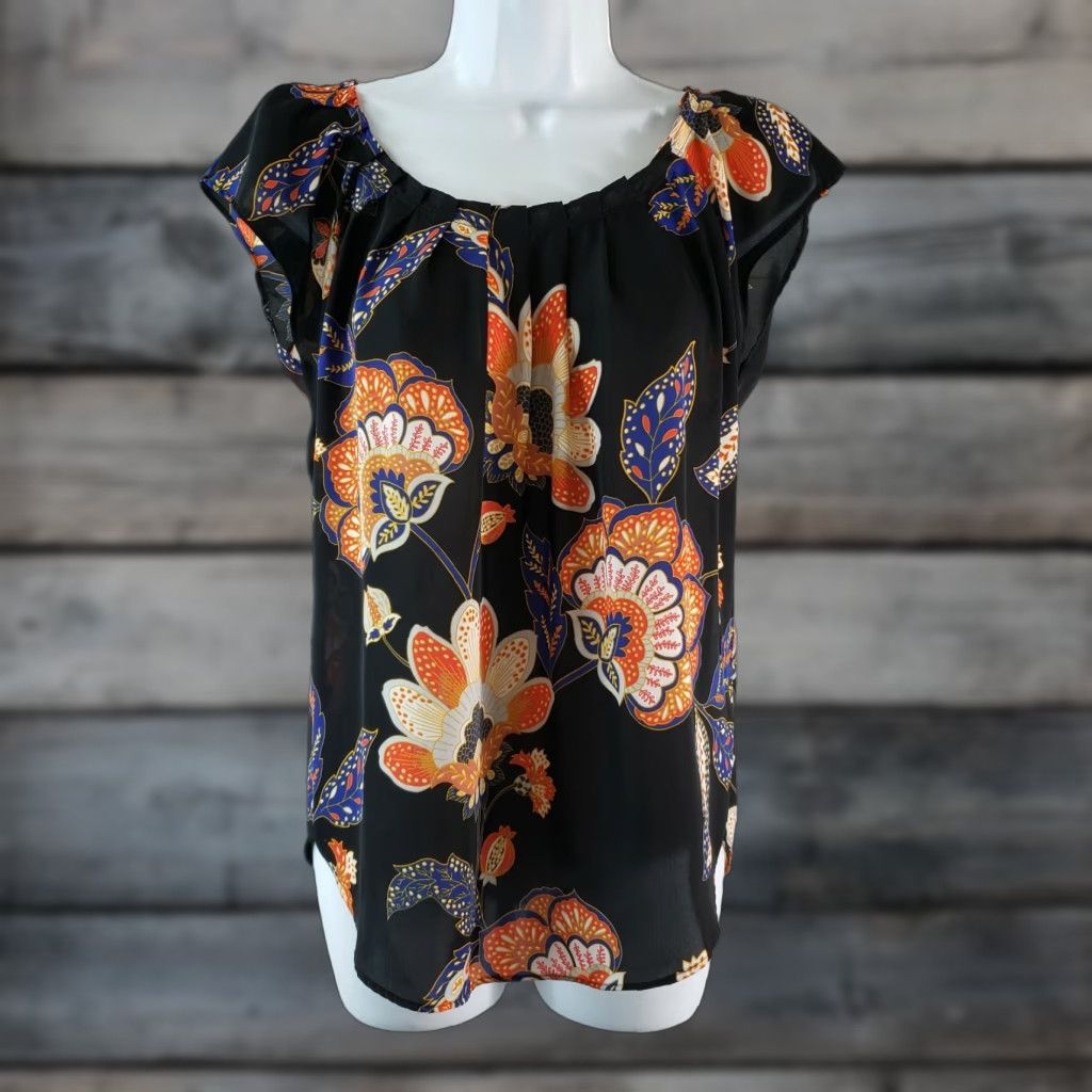 Vintage LC Lauren Conrad Blouse Womens Sz XS Black Orange Floral Pleated Size XS / US 0-2 / IT 36-38 - 1 Thumbnail