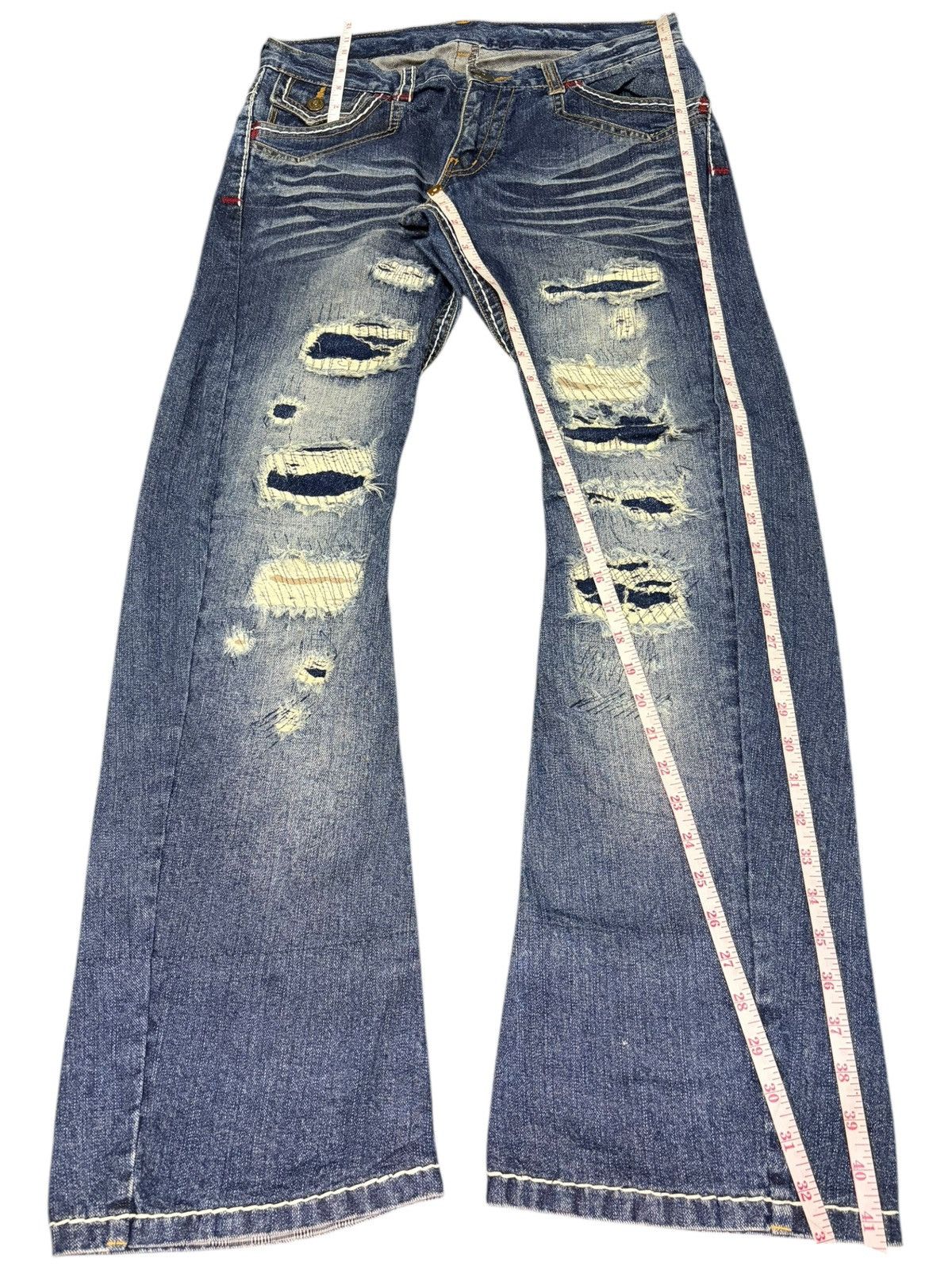 Tornado Mart Vintage Rattle Trap Sashiko Distress Curved Flare Jeans Size 32" / US 10 / IT 46 - 7 Thumbnail