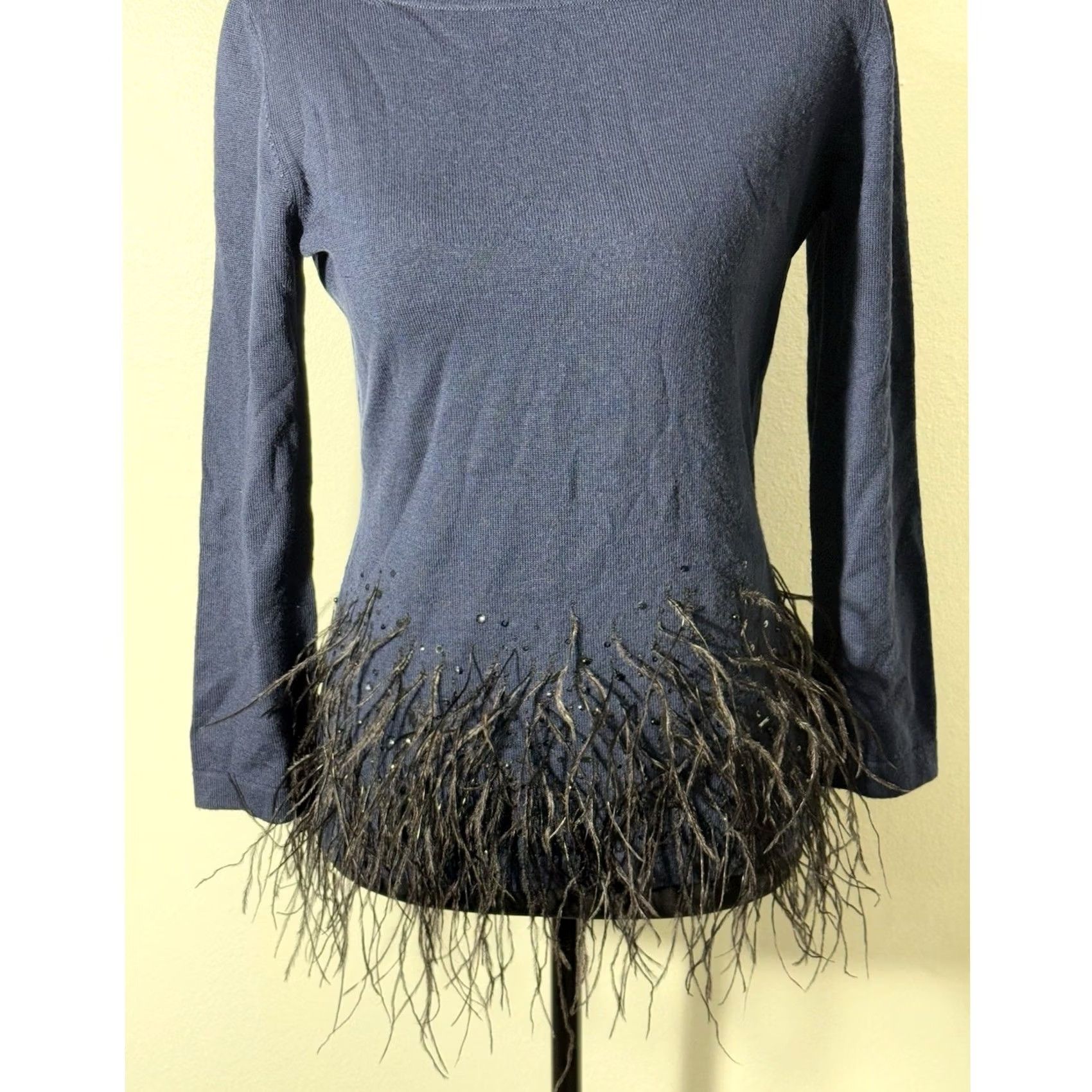 Carolina Herrera CAROLINA HERRERA NEW YORK Blue Virgin Wool Feather Trim Sweater S Womens Size S / US 4 / IT 40 - 3 Thumbnail