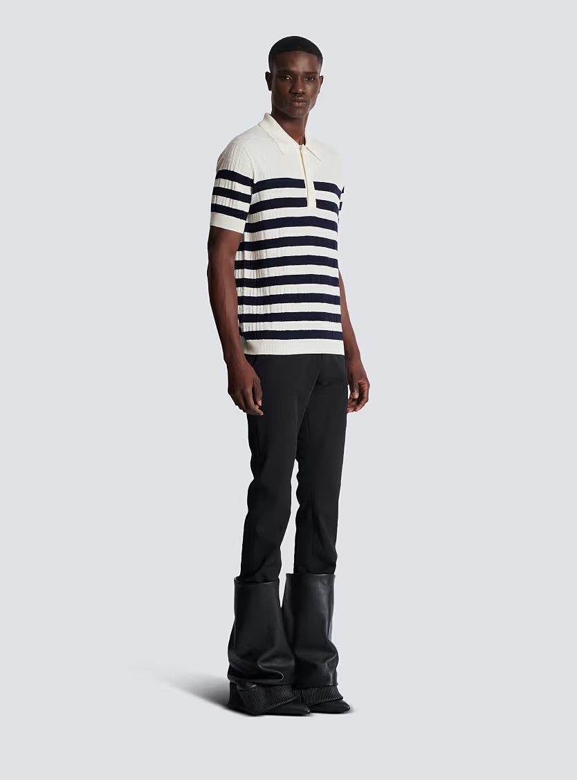 Balmain o1s1wg110126 Striped Knit Polo in White/Black Size US M / EU 48-50 / 2 - 2 Thumbnail
