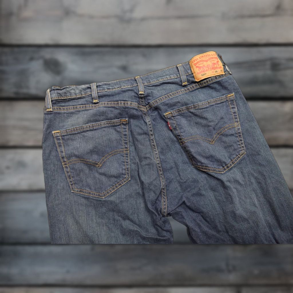 Levi's Levi's 505 Jeans Mens 38x30 Blue Denim Stretch Dark Wash Straight 5-Pocket Zip Fly Leather Patch Cotton Blend Vintage No Size US 38 / EU 54 - 1 Thumbnail