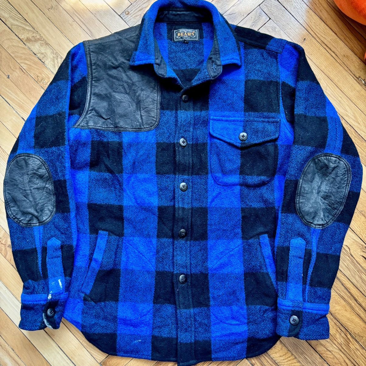 Beams Japan × Beams Plus × Vintage Vintage Japanese Beams+ Wool & Cow Leather Flannel Overshirt Size US S / EU 44-46 / 1 - 3 Thumbnail
