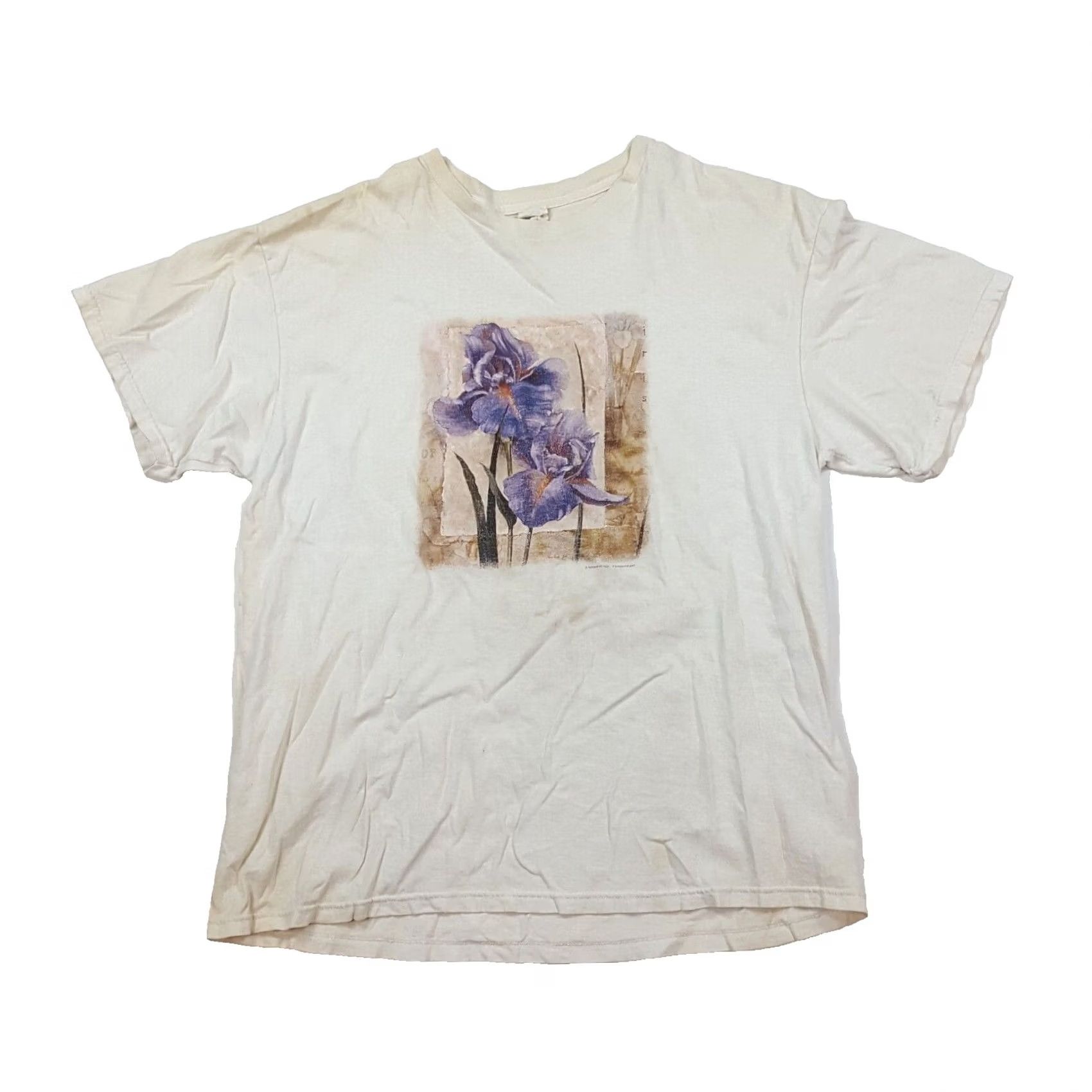 Delta Vintage 90s Iris Purple Flower Distressed Faded Men's Large Retro Art T Shirt White Size US L / EU 52-54 / 3 - 2 Thumbnail
