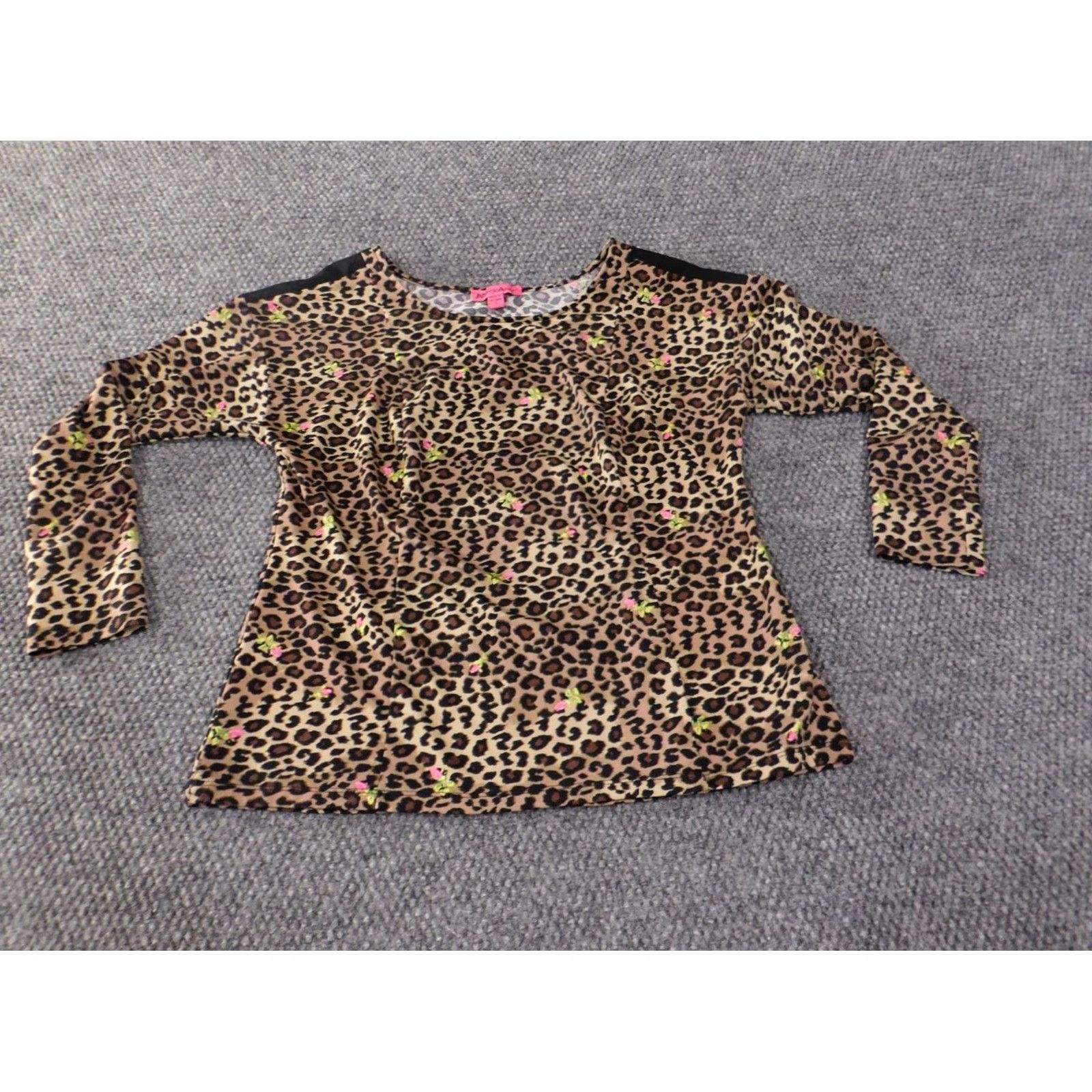 Betsey Johnson Betsey Johnson Blouse Shirt Womens S Brown Animal Print Knit Polyester Spandex Stretch Ruffle Round Neck Casual Long Sleeve Vintage No Size S / US 4 / IT 40 - 3 Thumbnail