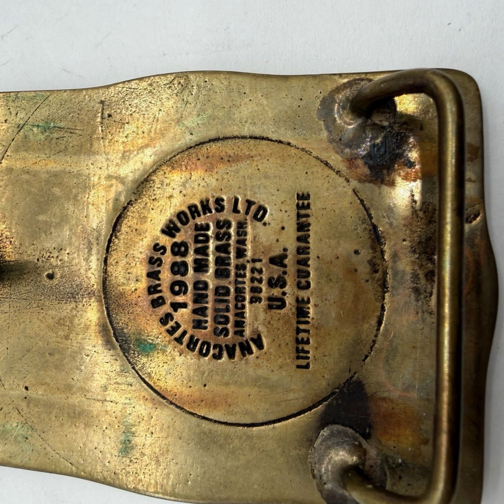Vintage VINTAGE Cain Chemical Belt Buckle Bronze Brass 1988 Safe Hours Handmade Advertising Anacortes Brass Works Belt Buckle Bronze 1970s Mens Size ONE SIZE - 5 Thumbnail