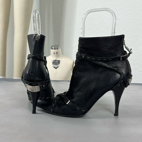 Fendi Fendi Pebbled Leather Biker Heeled Strappy Boots Metal Plate Size US 8.5 / IT 38.5 - 1 Thumbnail