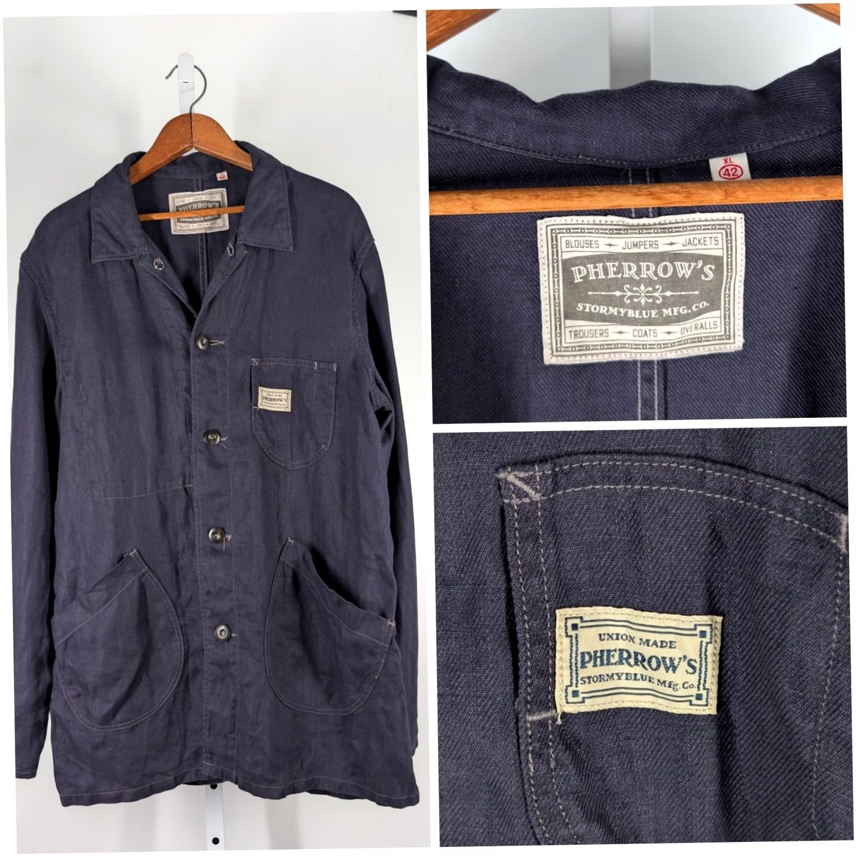 Vintage Pherrow's Stormy Blue Indigo Linen Twill Chore Coat XL NWT Japan Work Denim Jacket Mens XL Size US XL / EU 56 / 4 - 2 Thumbnail