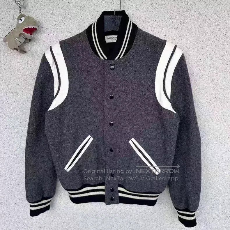 Saint Laurent Paris Saint Laurent Paris Grey Wool Mixed Leather Baseball Jacke Size US S / EU 44-46 / 1 - 1 Thumbnail