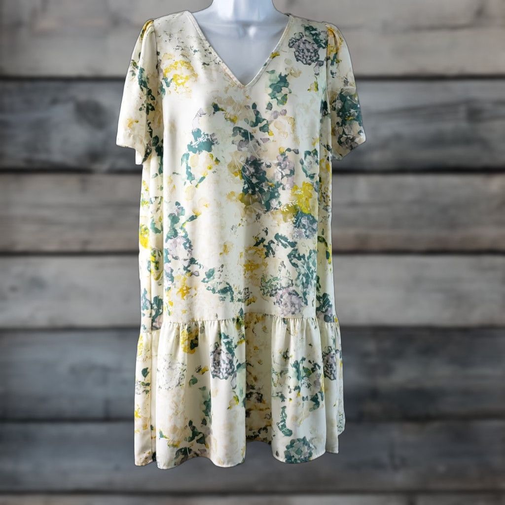 Vintage A New Day Womens Dress Sz Small Yellow Green Floral V-Neck Drop Waist Size S / US 4 / IT 40 - 1 Thumbnail