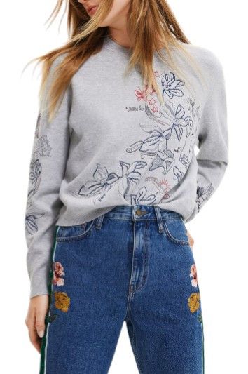 Desigual JERS LAIA L Grey Melange Embroidered Knit Jumper 88767 Size L / US 10 / IT 46 - 2 Thumbnail