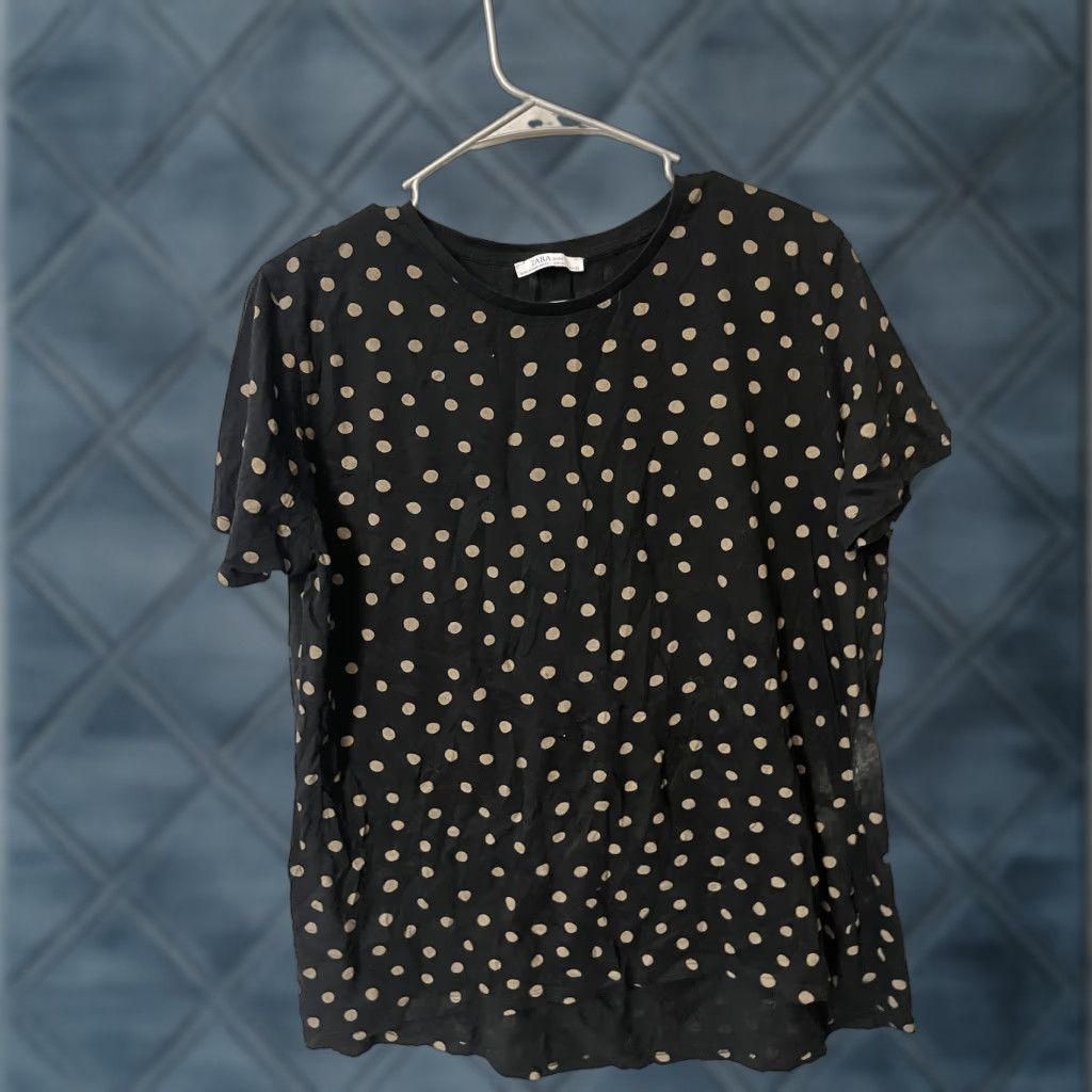 Zara Zara Shirt Womens XL Black Tan Polka Dot High Low Hem Short Sleeve Cotton Size XL / US 12-14 / IT 48-50 - 1 Thumbnail
