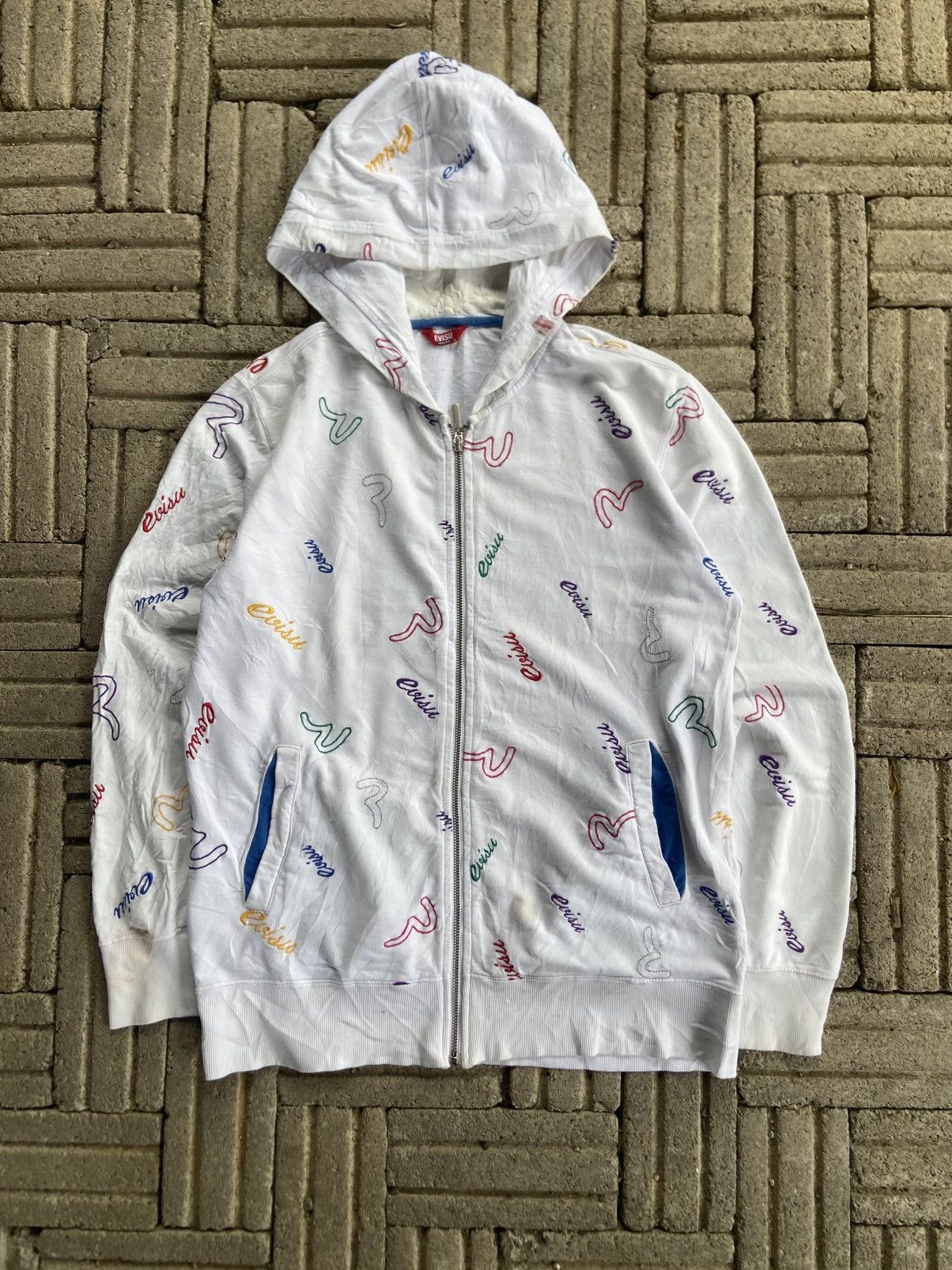 Evisu full-zip hoodie multicolored seagull and logo pattern.