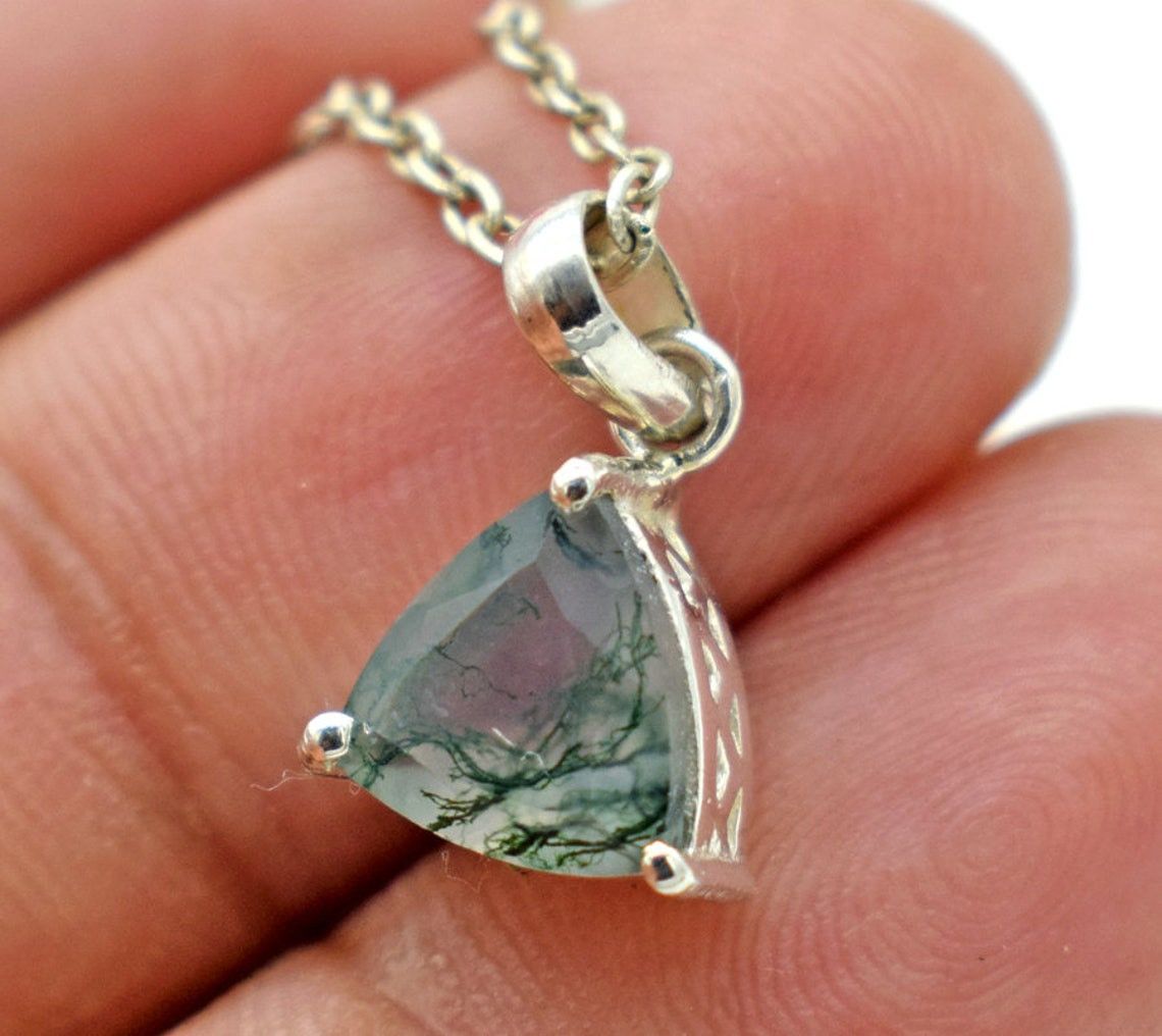 Handmade Triangle Moss Agate Necklace: 925 Sterling Silver Pendant Size ONE SIZE - 5 Thumbnail