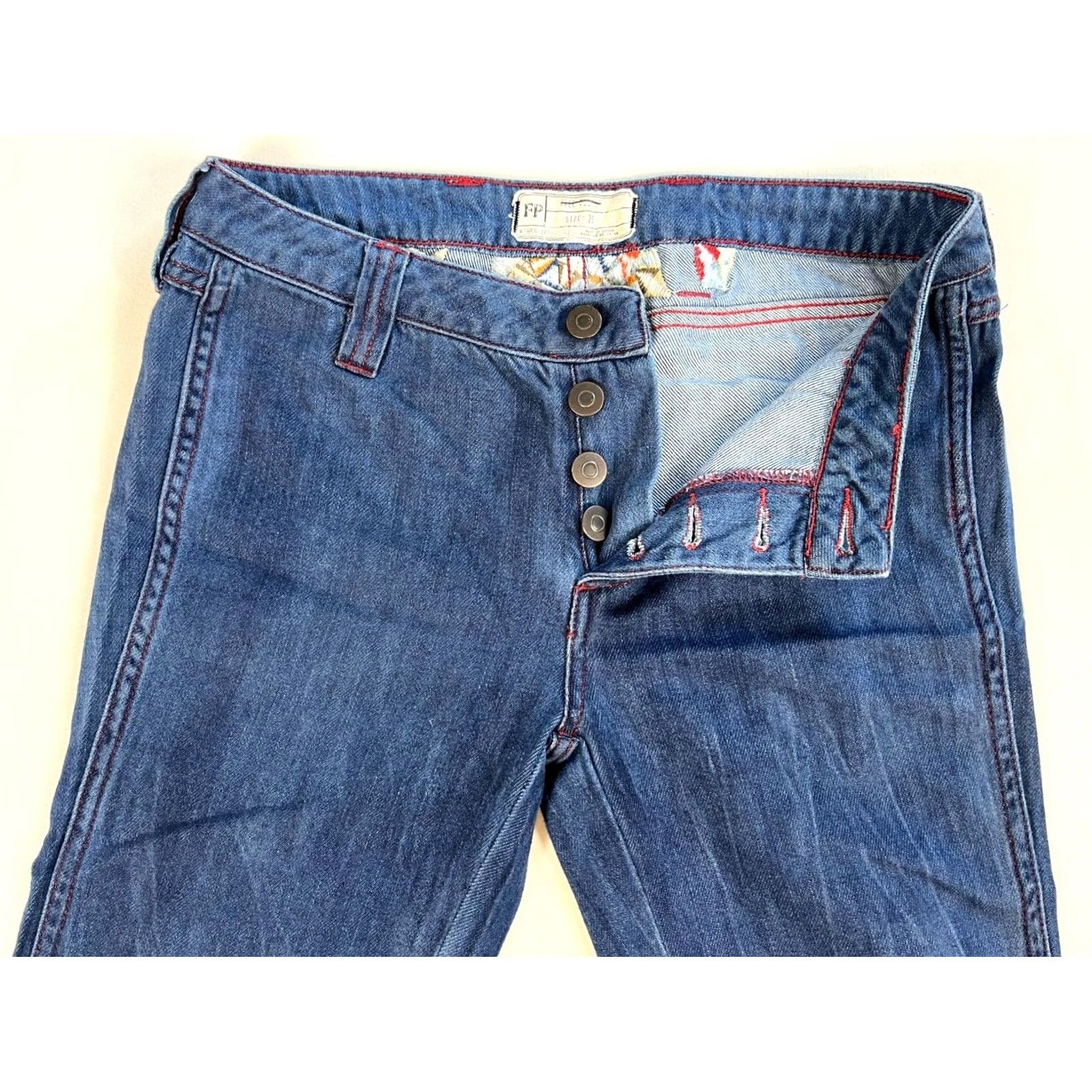 Free People VINTAGE Women's Free People Flare Jeans Boho Embroidered Sz 25 Blue Cotton Denim 31in Inseam Womens Baggy Flared Bohemian 25 Jeans Size 42" / US 20 - 6 Thumbnail