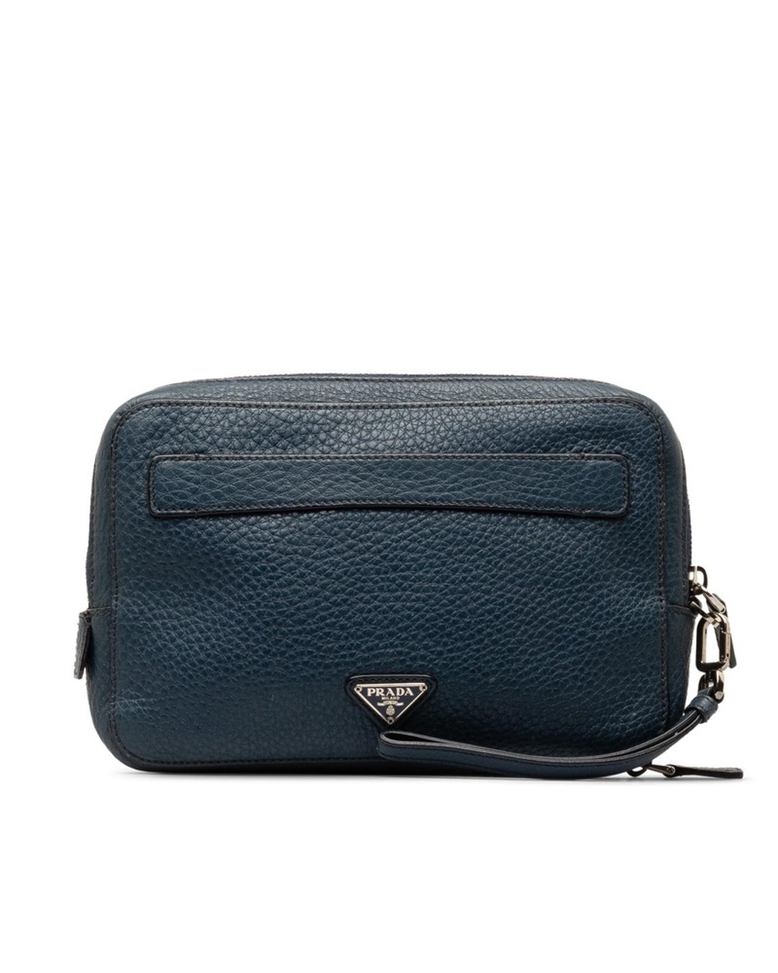 image of Prada Blue Leather Zip Around Clutch Bag In Ab Condition, Men's