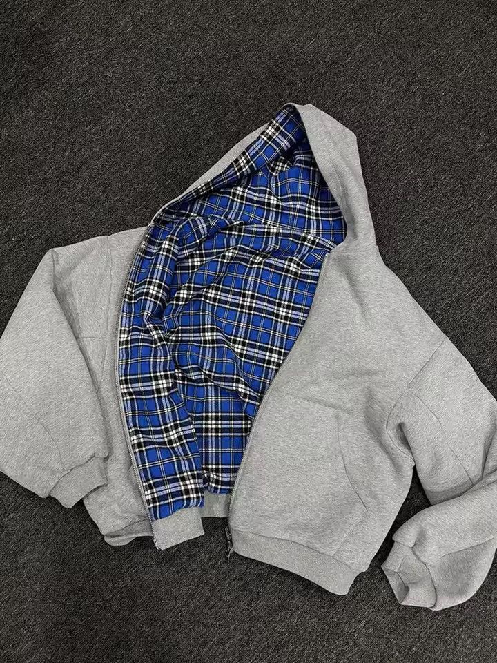 Japanese Brand Reversible Gray Hoodie with Plaid Lining Size US XL / EU 56 / 4 - 2 Thumbnail